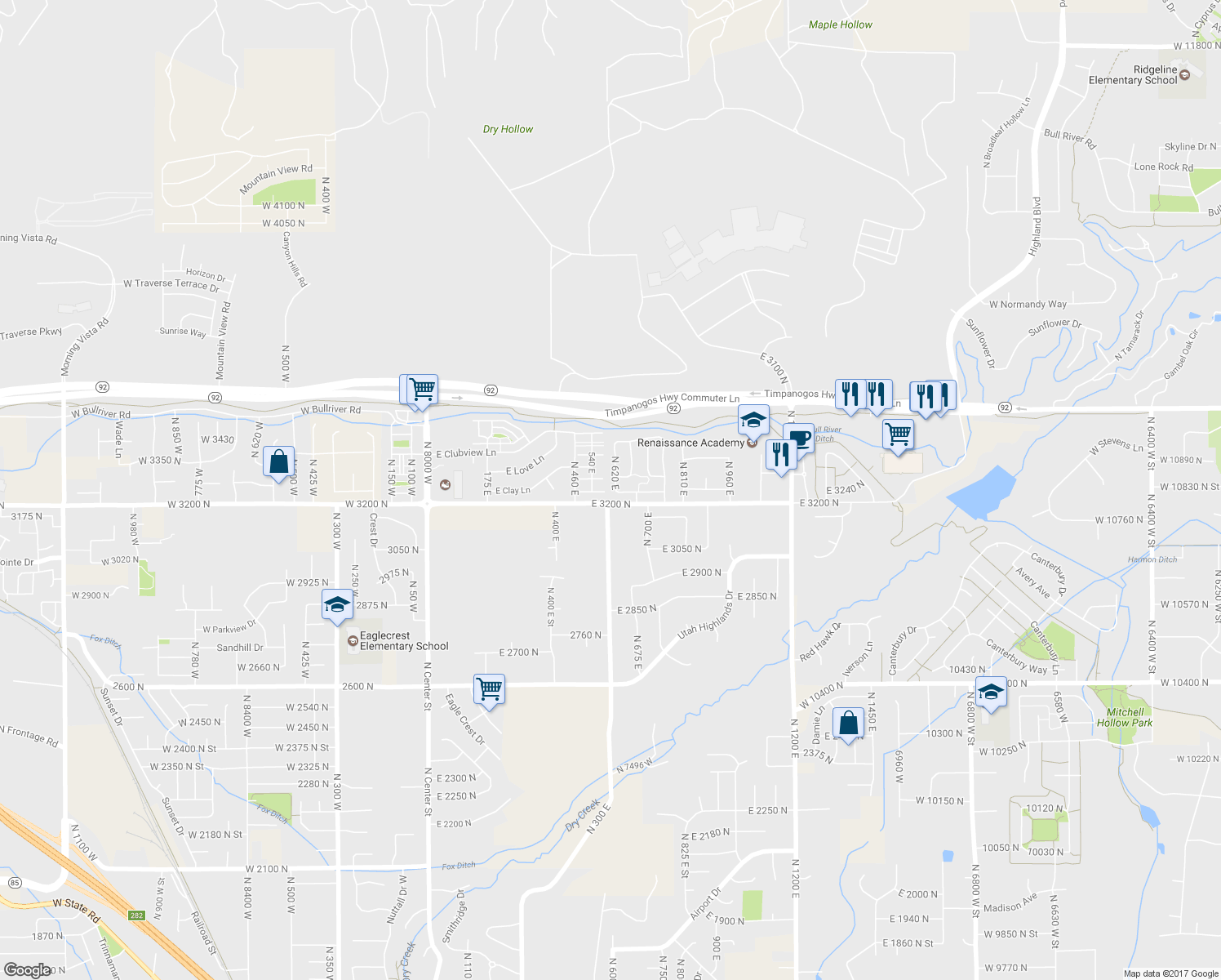 map of restaurants, bars, coffee shops, grocery stores, and more near 3239 North 620 East in Lehi