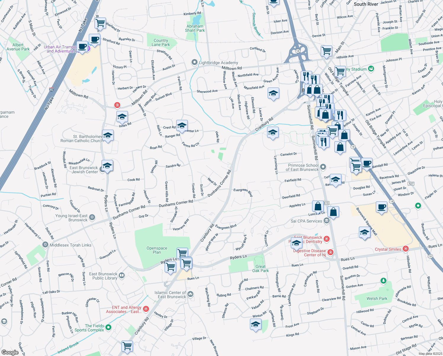 map of restaurants, bars, coffee shops, grocery stores, and more near 1 Theodore Drive in East Brunswick