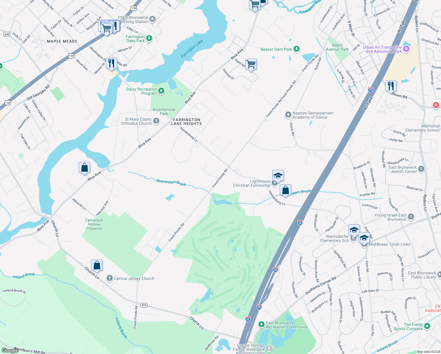 map of restaurants, bars, coffee shops, grocery stores, and more near 209 Fresh Ponds Road in East Brunswick