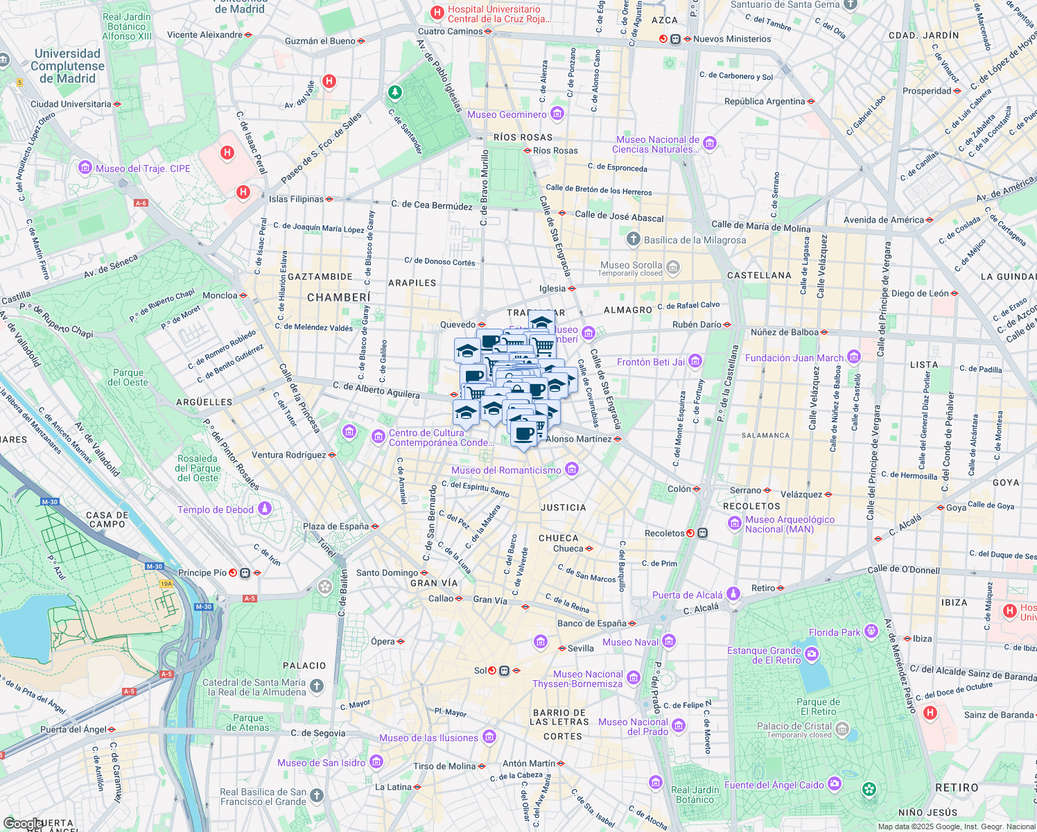 map of restaurants, bars, coffee shops, grocery stores, and more near Glorieta de Bilbao in Madrid