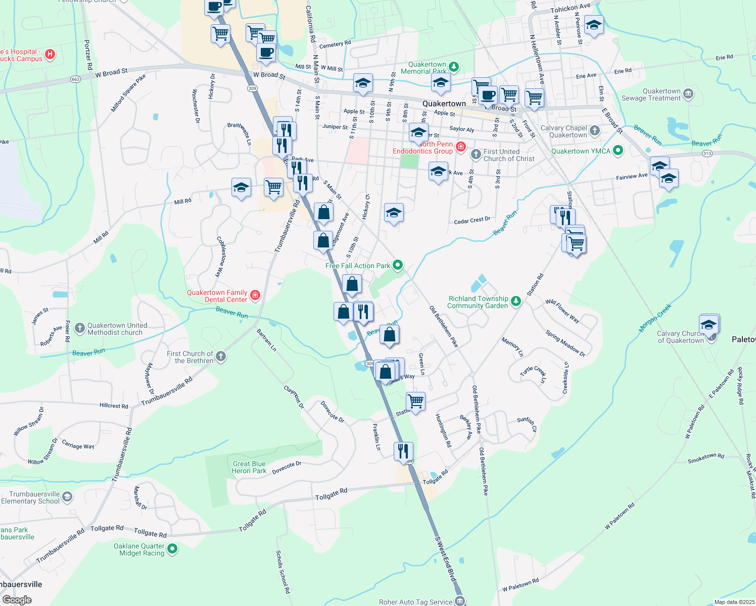 map of restaurants, bars, coffee shops, grocery stores, and more near 101 Jefferson Court in Quakertown