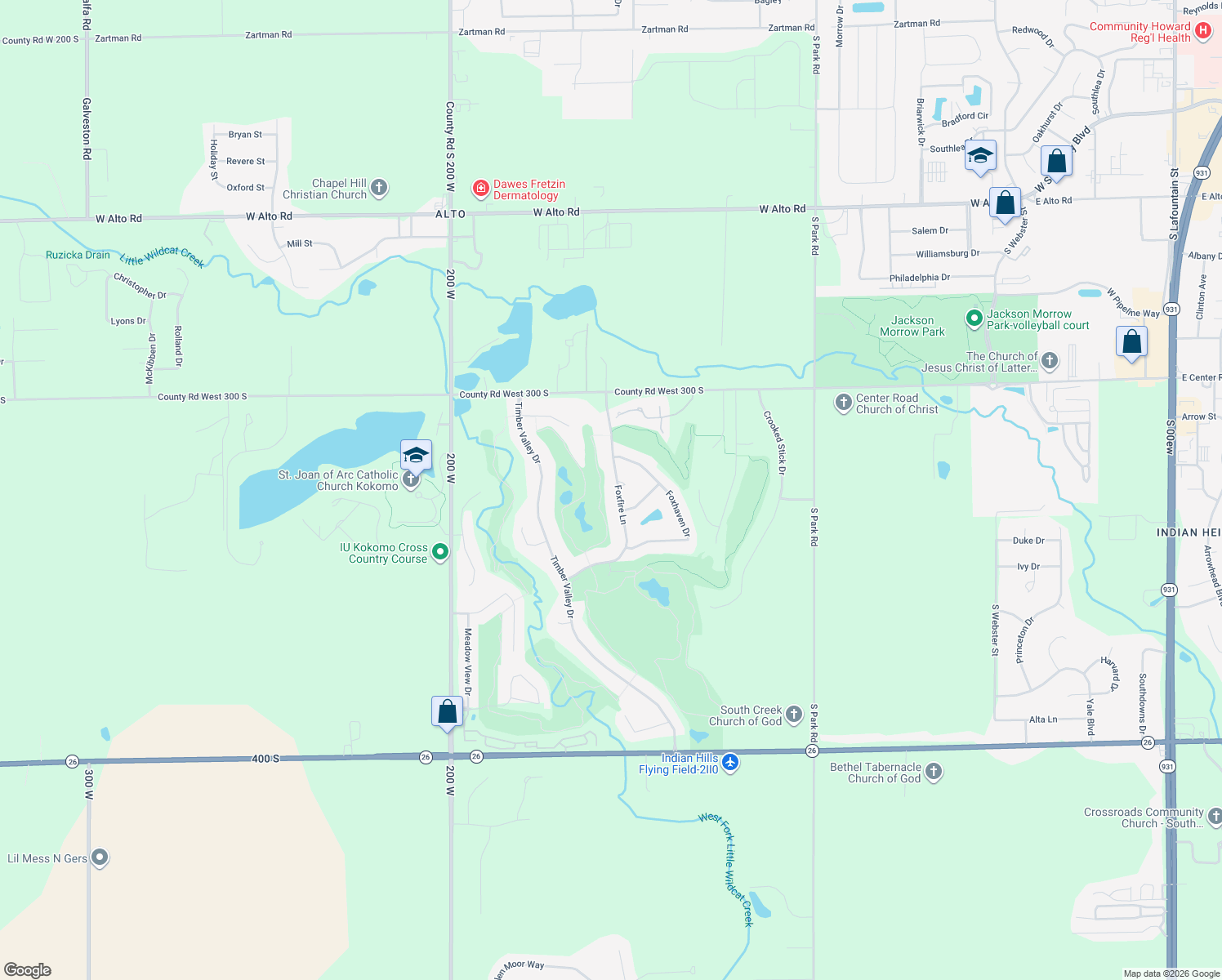 map of restaurants, bars, coffee shops, grocery stores, and more near 2133 Foxfire Lane in Kokomo
