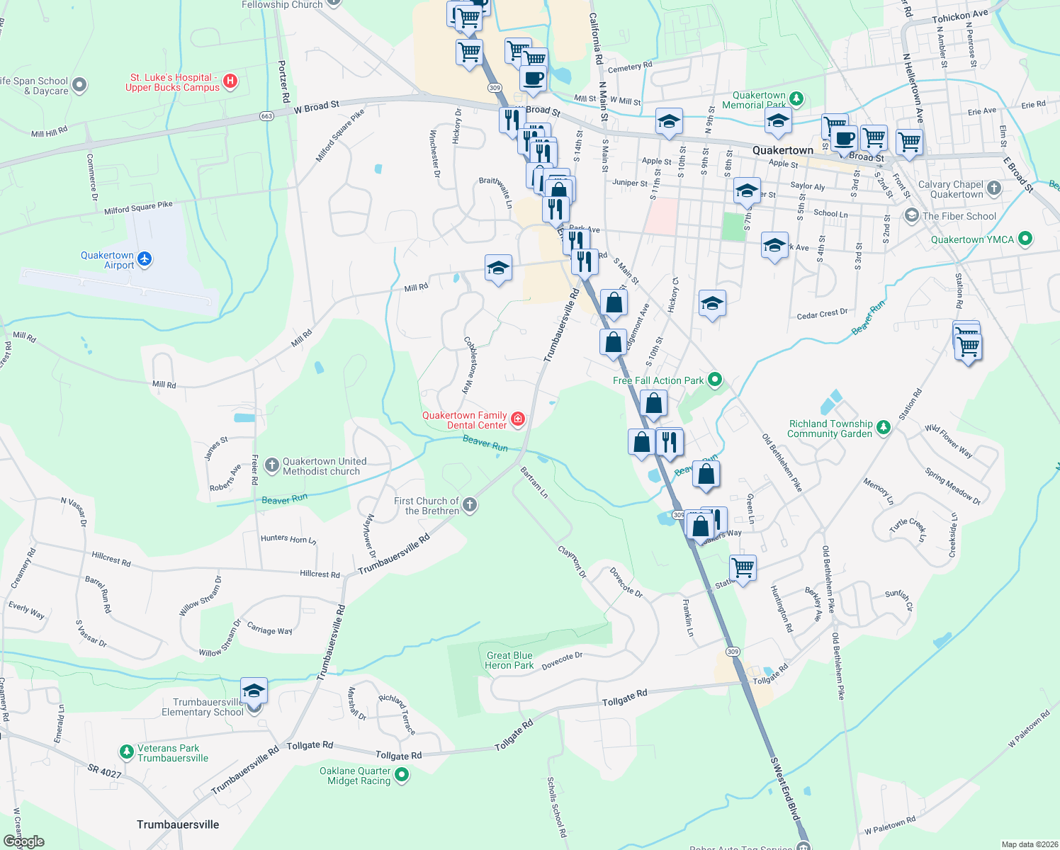 map of restaurants, bars, coffee shops, grocery stores, and more near 238 Trumbauersville Road in Quakertown