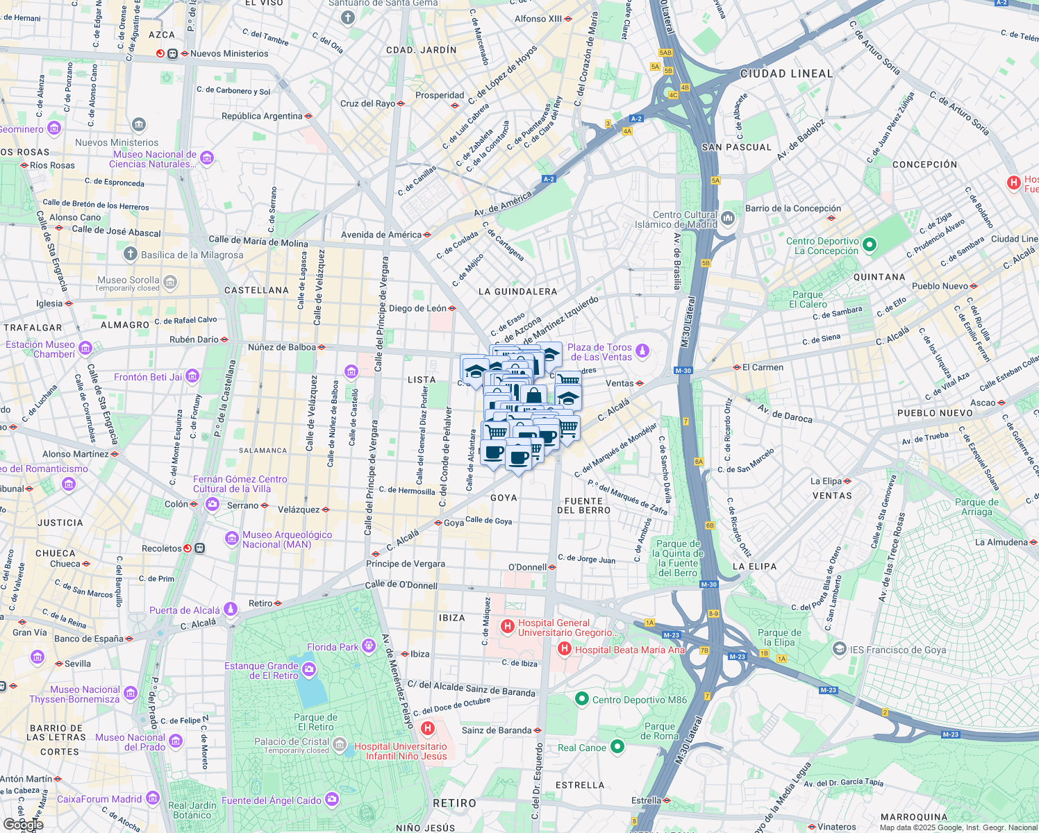 map of restaurants, bars, coffee shops, grocery stores, and more near 100 Calle de José Ortega y Gasset in Madrid