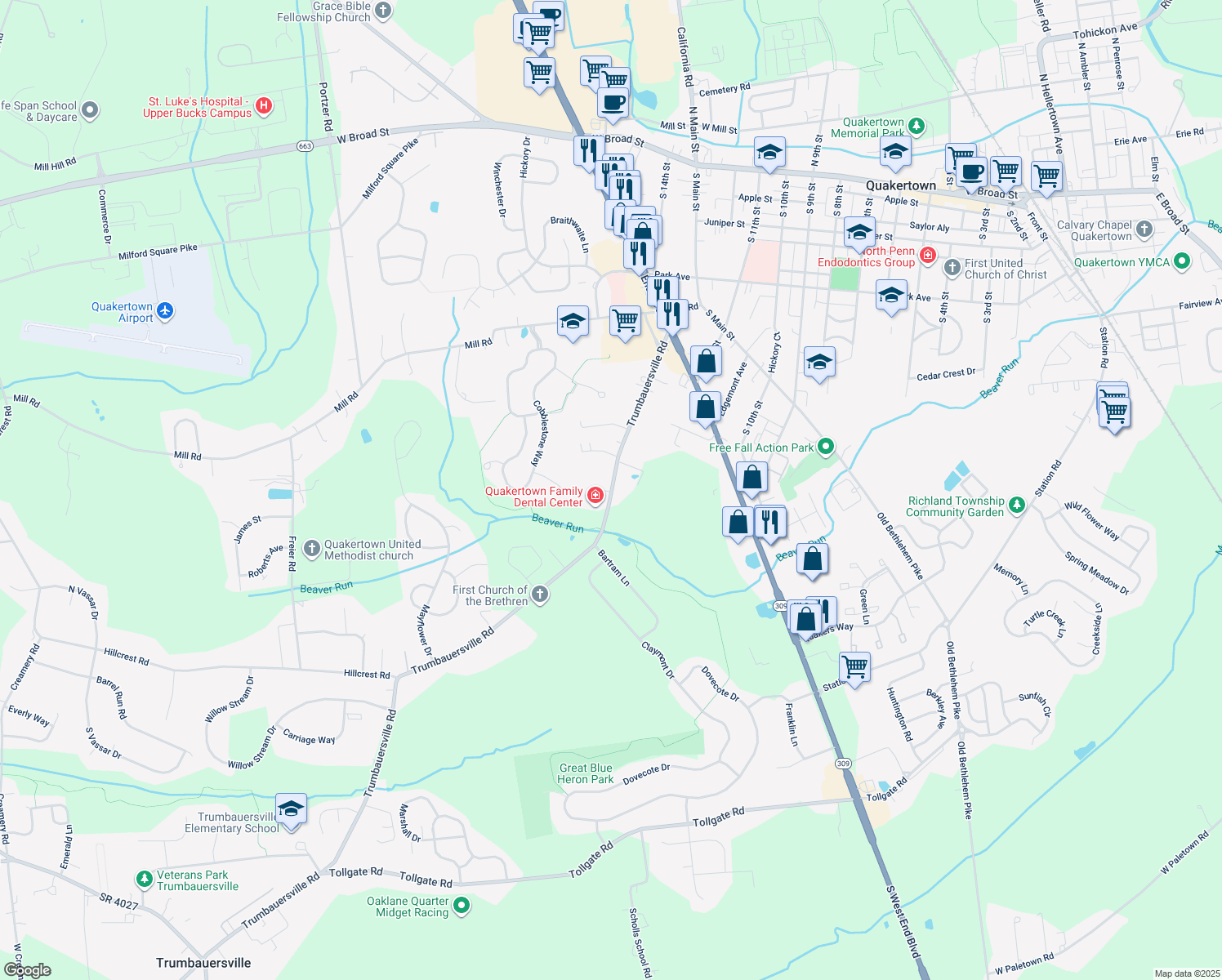 map of restaurants, bars, coffee shops, grocery stores, and more near 214 Trumbauersville Road in Quakertown