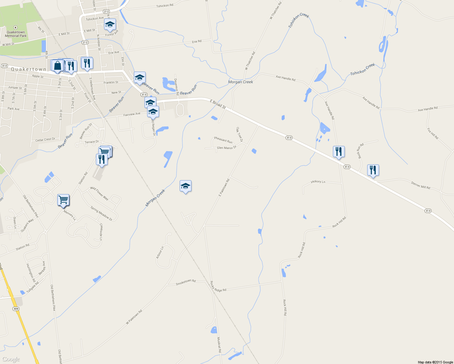 map of restaurants, bars, coffee shops, grocery stores, and more near 281 East Paletown Road in Quakertown