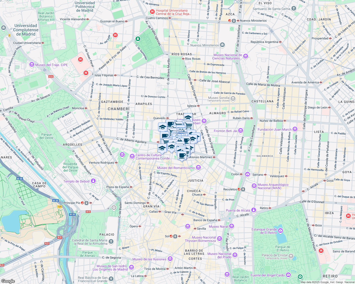 map of restaurants, bars, coffee shops, grocery stores, and more near 118 Calle de Fuencarral in Madrid