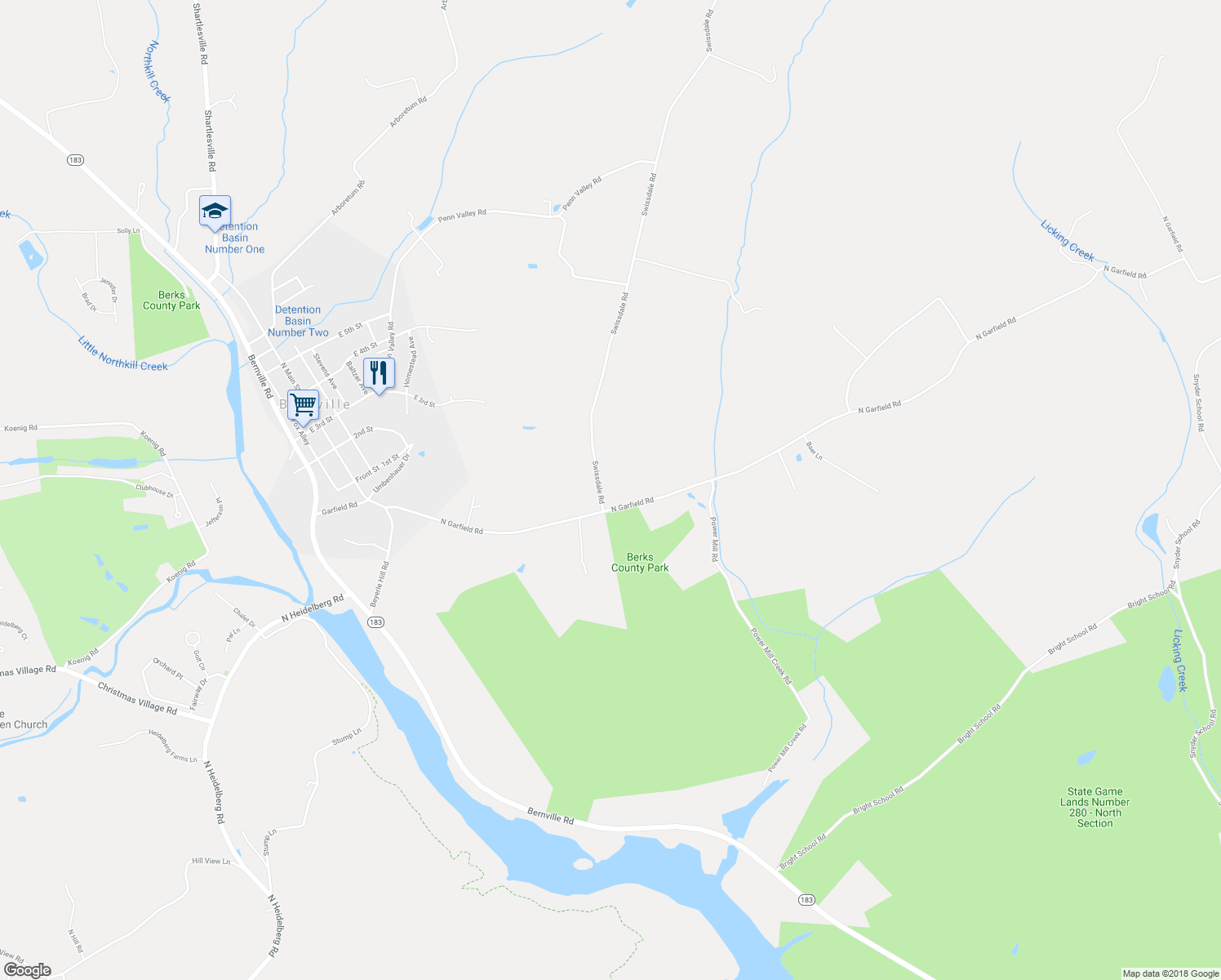 map of restaurants, bars, coffee shops, grocery stores, and more near 3 Swissdale Road in Bernville
