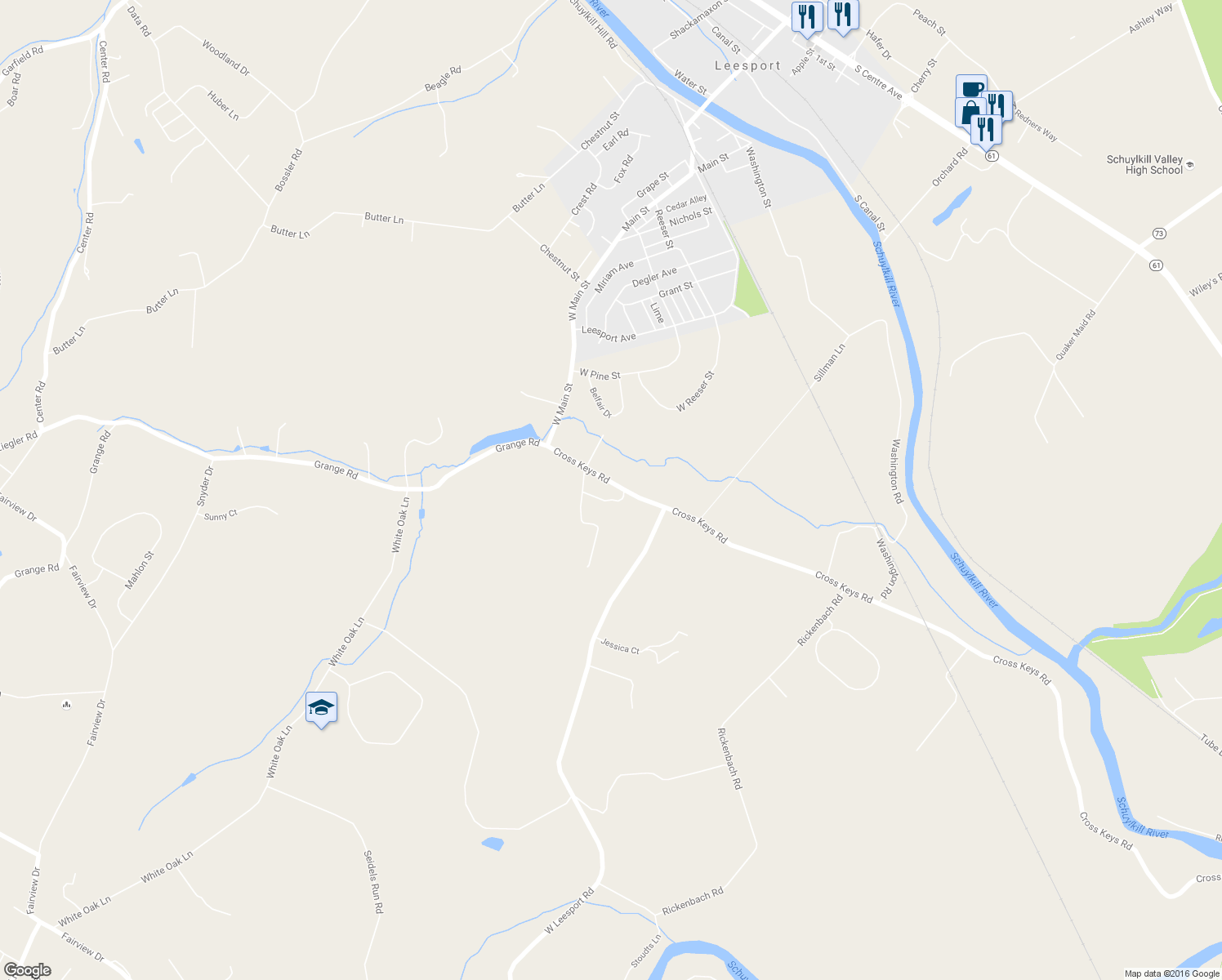 map of restaurants, bars, coffee shops, grocery stores, and more near 1045 Cross Keys Road in Leesport