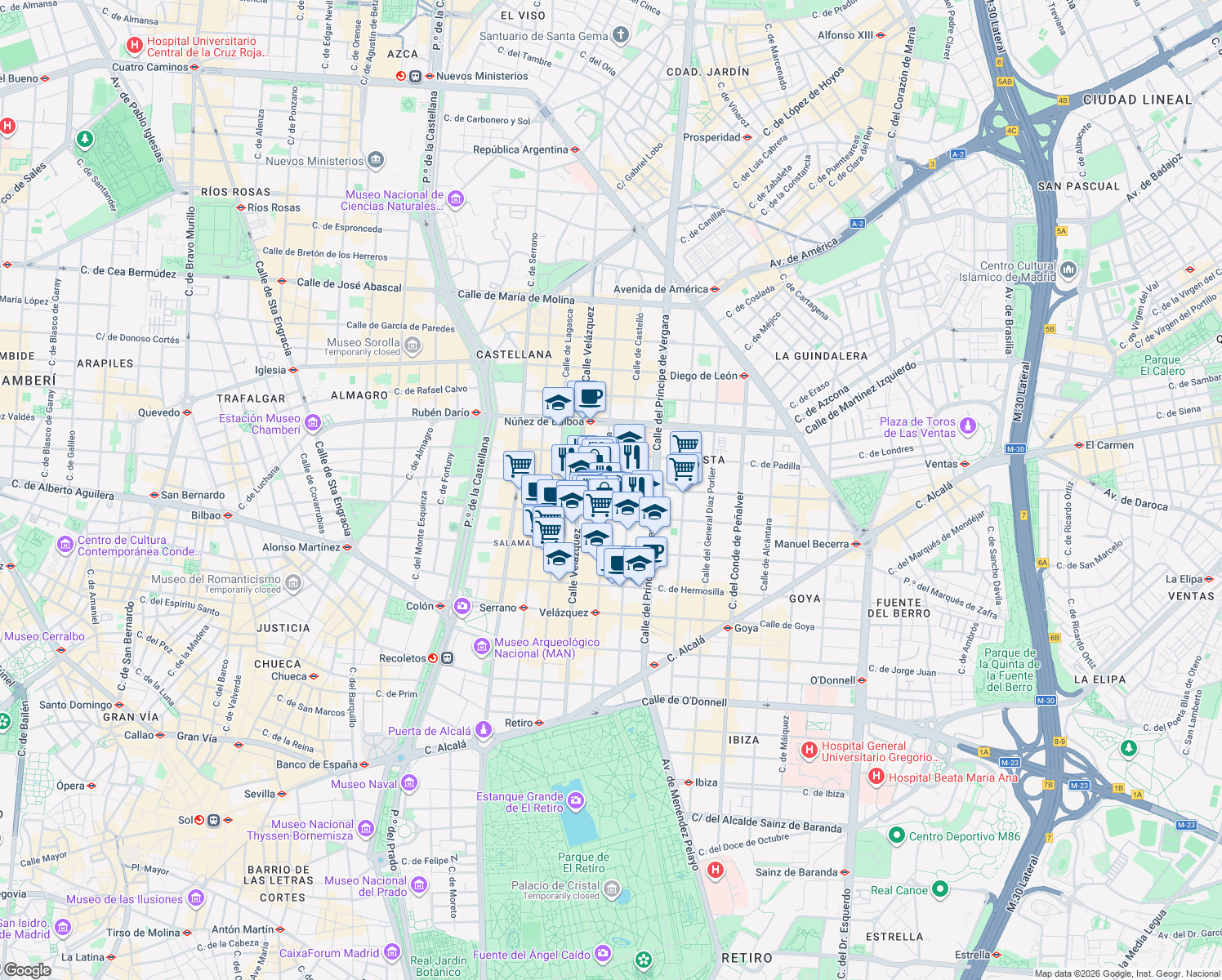 map of restaurants, bars, coffee shops, grocery stores, and more near 28 Calle de José Ortega y Gasset in Madrid