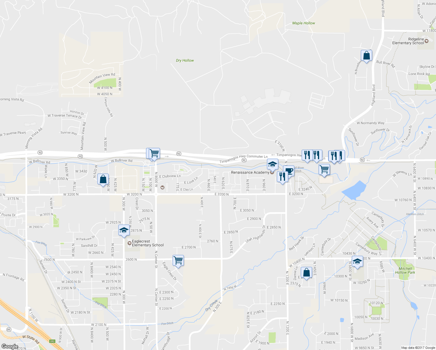 map of restaurants, bars, coffee shops, grocery stores, and more near 565 East 3375 North in Lehi