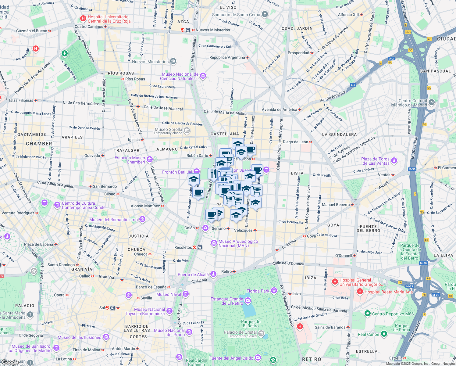 map of restaurants, bars, coffee shops, grocery stores, and more near 72 Calle de Serrano in Madrid