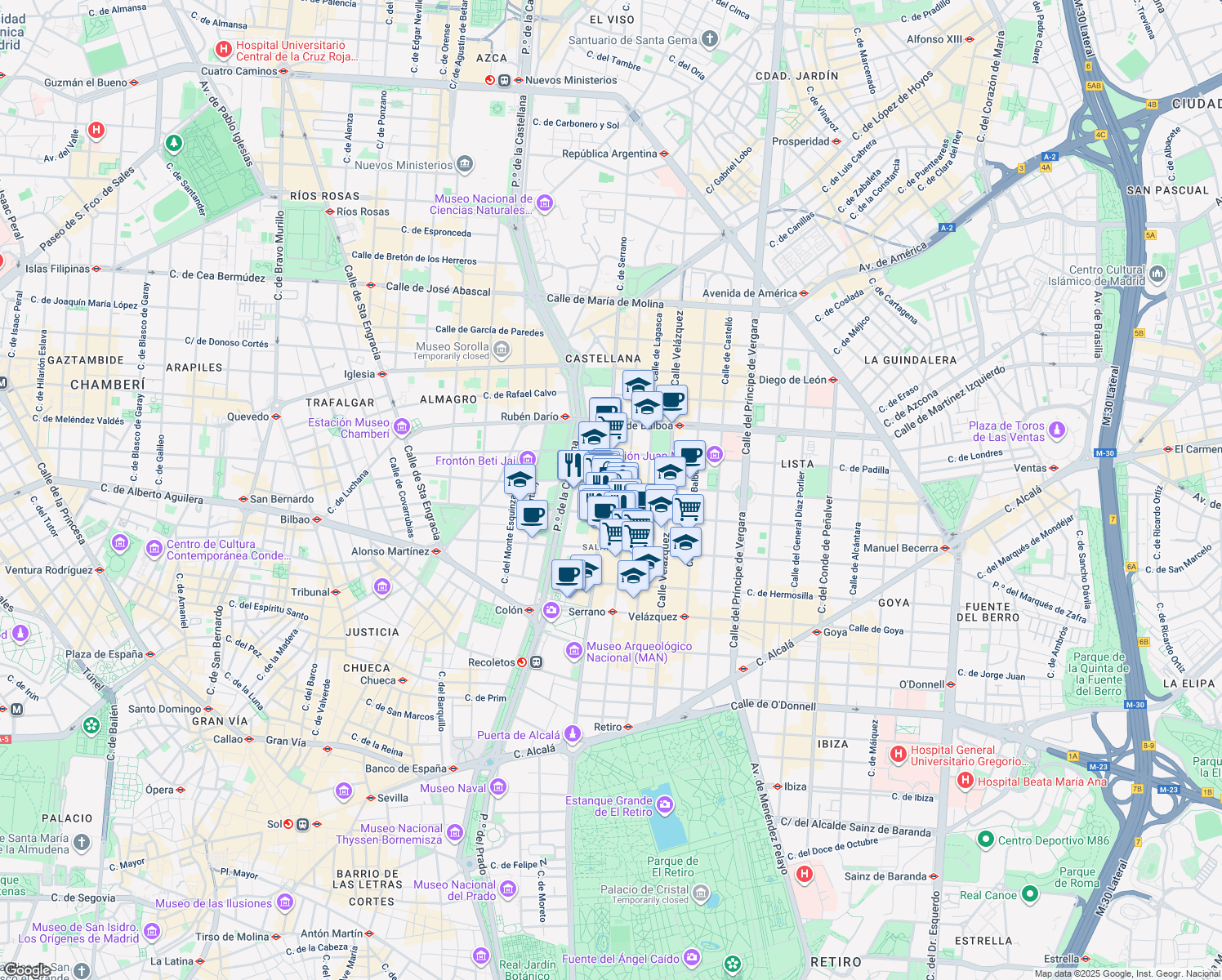 map of restaurants, bars, coffee shops, grocery stores, and more near 72 Calle de Serrano in Madrid