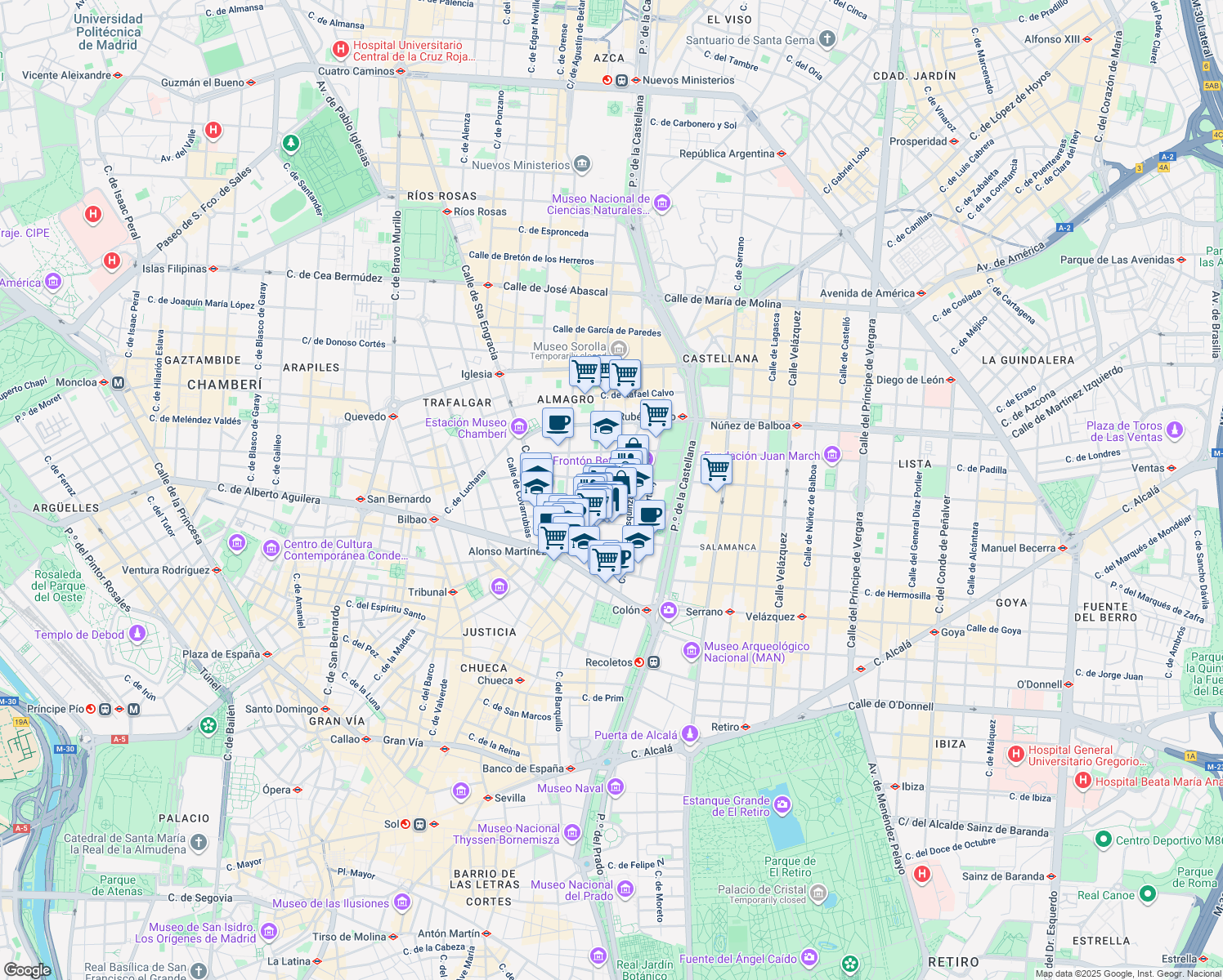 map of restaurants, bars, coffee shops, grocery stores, and more near 28 Calle Almagro in Madrid