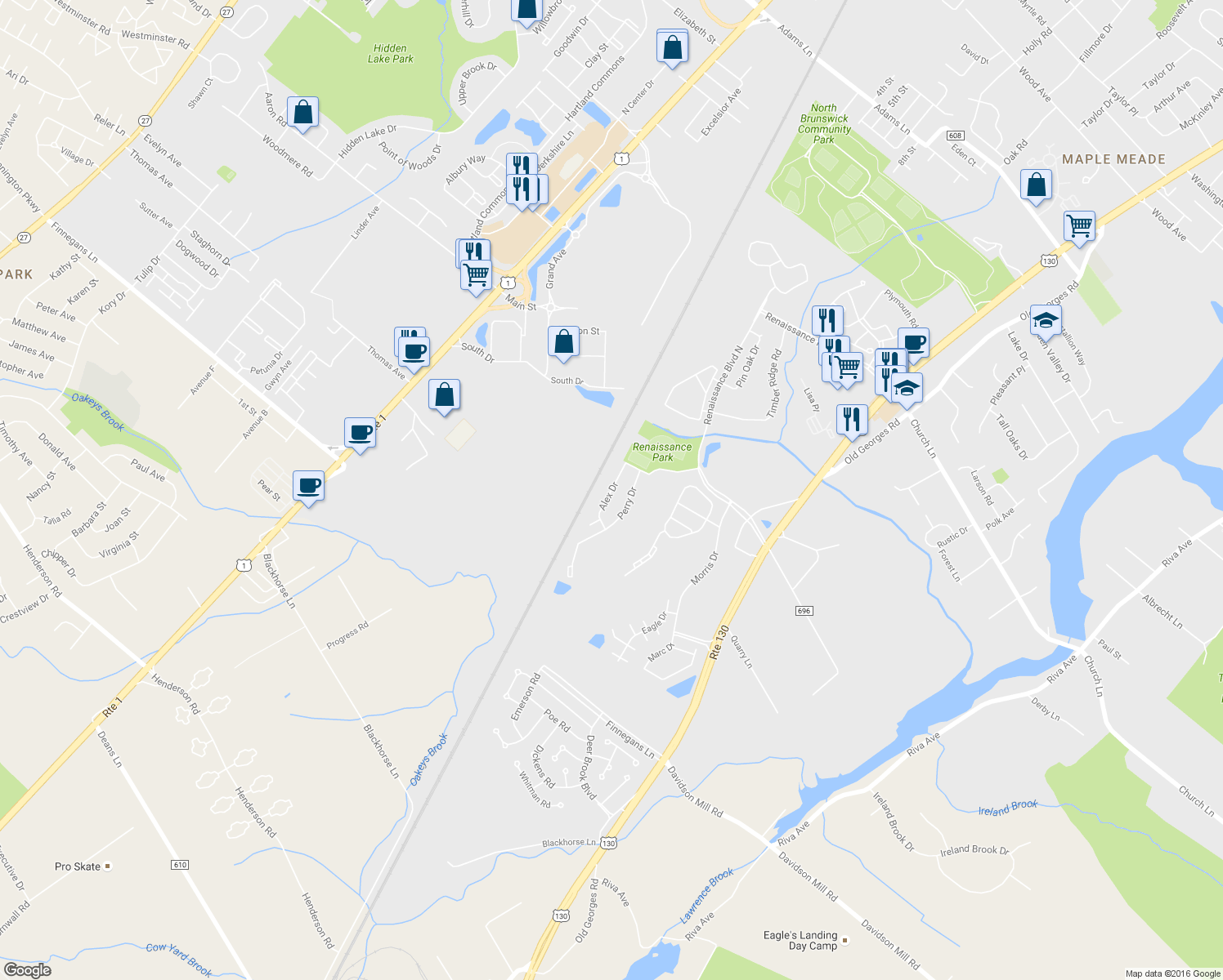map of restaurants, bars, coffee shops, grocery stores, and more near Alex Drive in North Brunswick Township