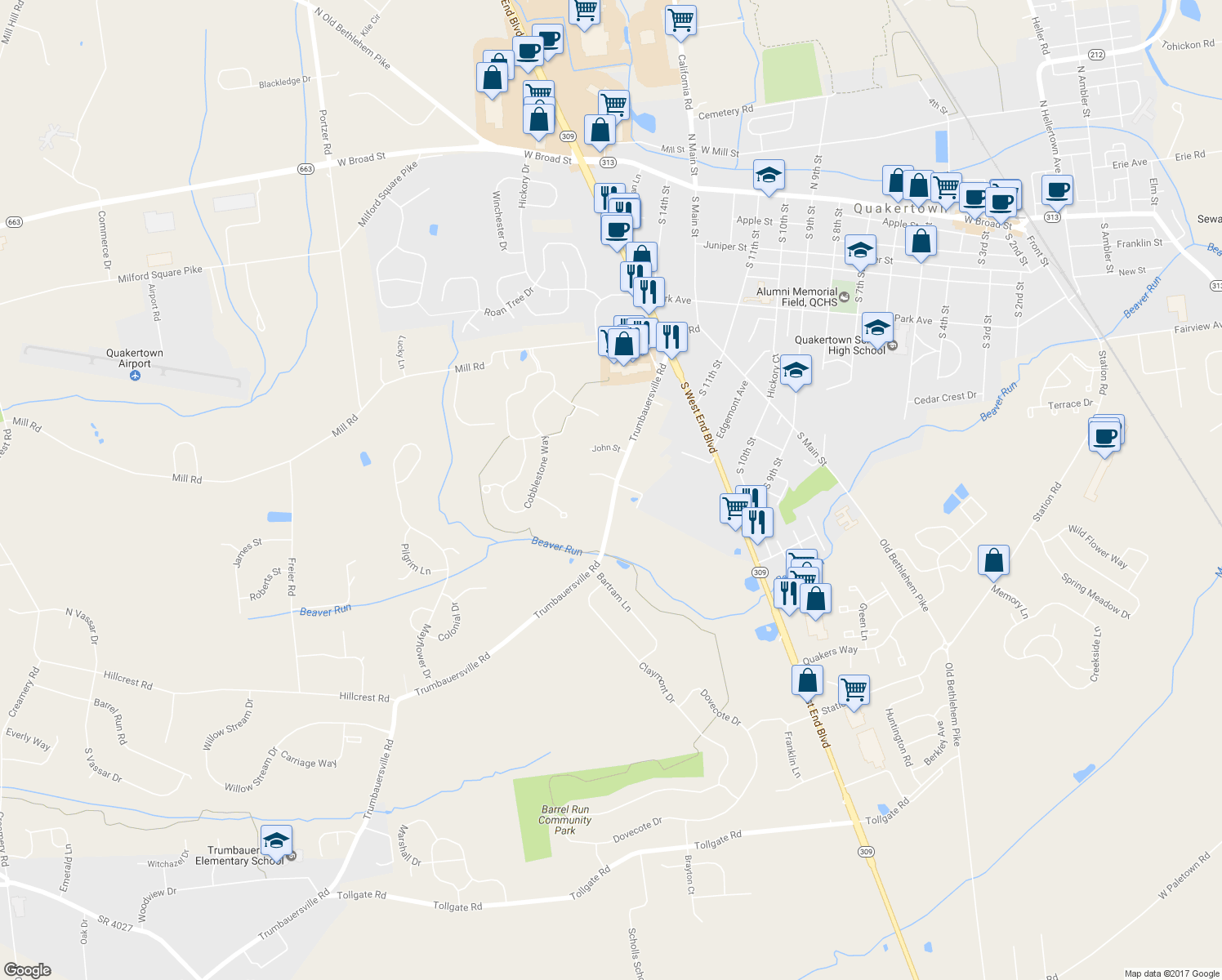 map of restaurants, bars, coffee shops, grocery stores, and more near 205 Trumbauersville Road in Quakertown