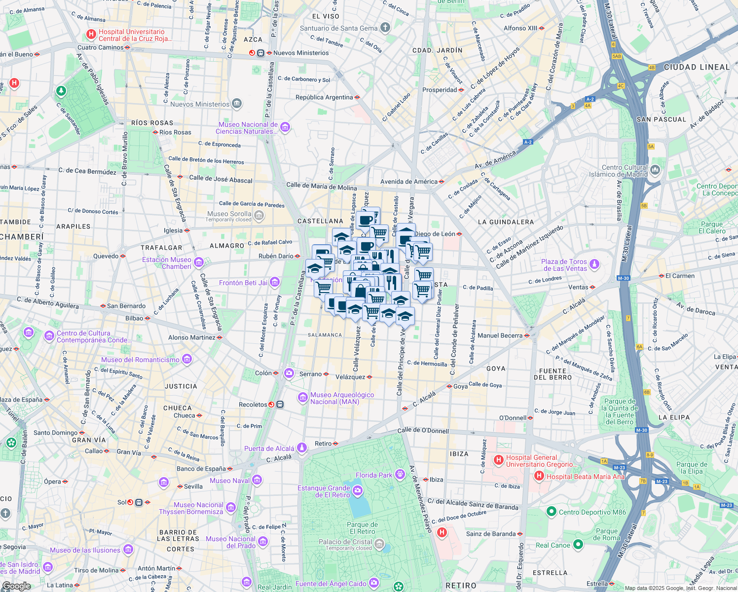 map of restaurants, bars, coffee shops, grocery stores, and more near 29 Calle de José Ortega y Gasset in Madrid