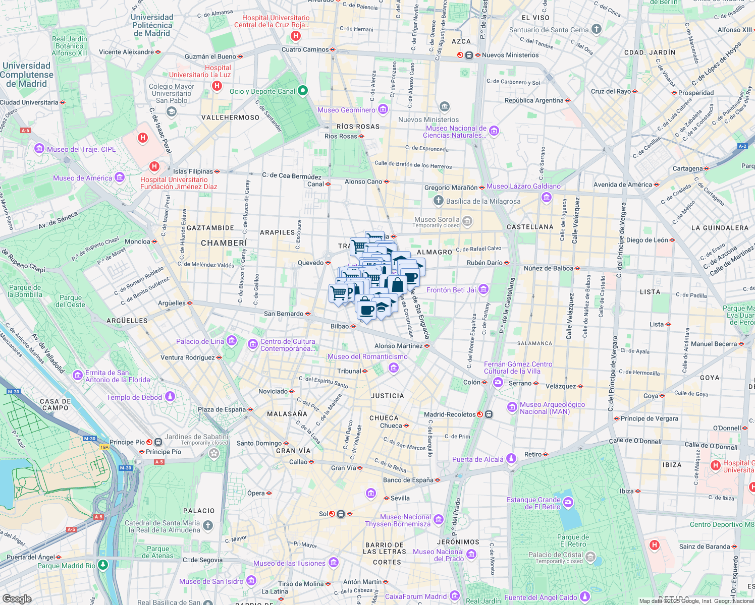 map of restaurants, bars, coffee shops, grocery stores, and more near 23 Calle Luchana in Madrid