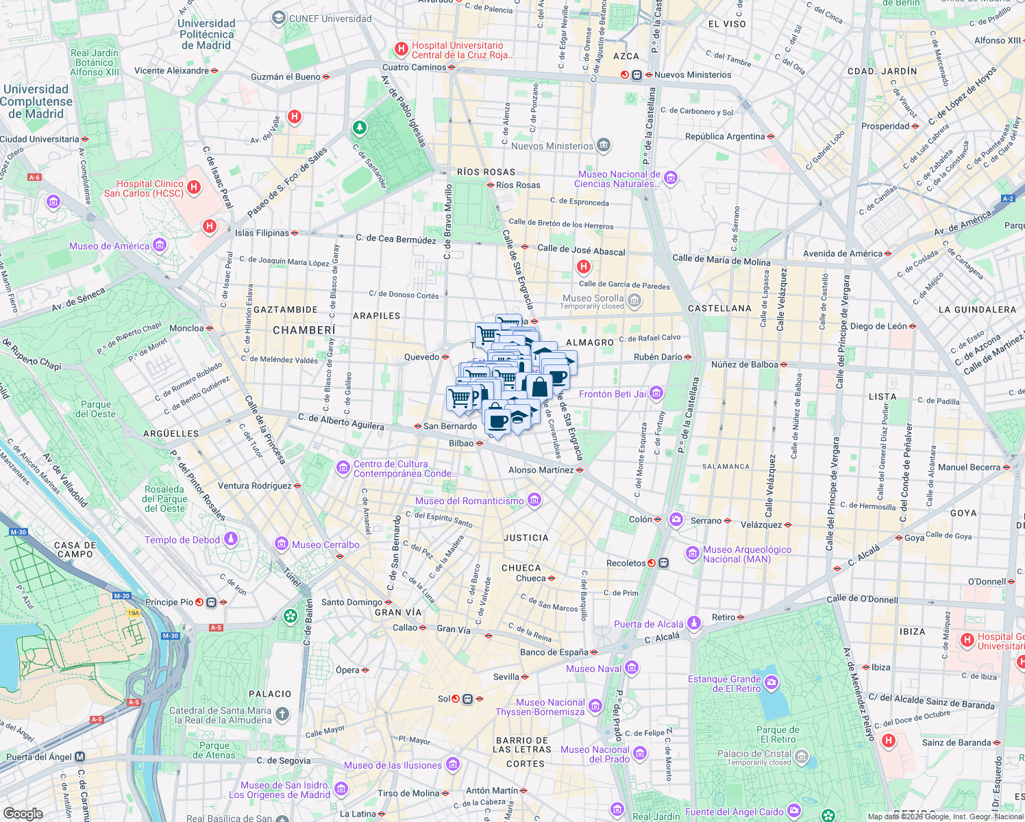 map of restaurants, bars, coffee shops, grocery stores, and more near 23 Calle Luchana in Madrid