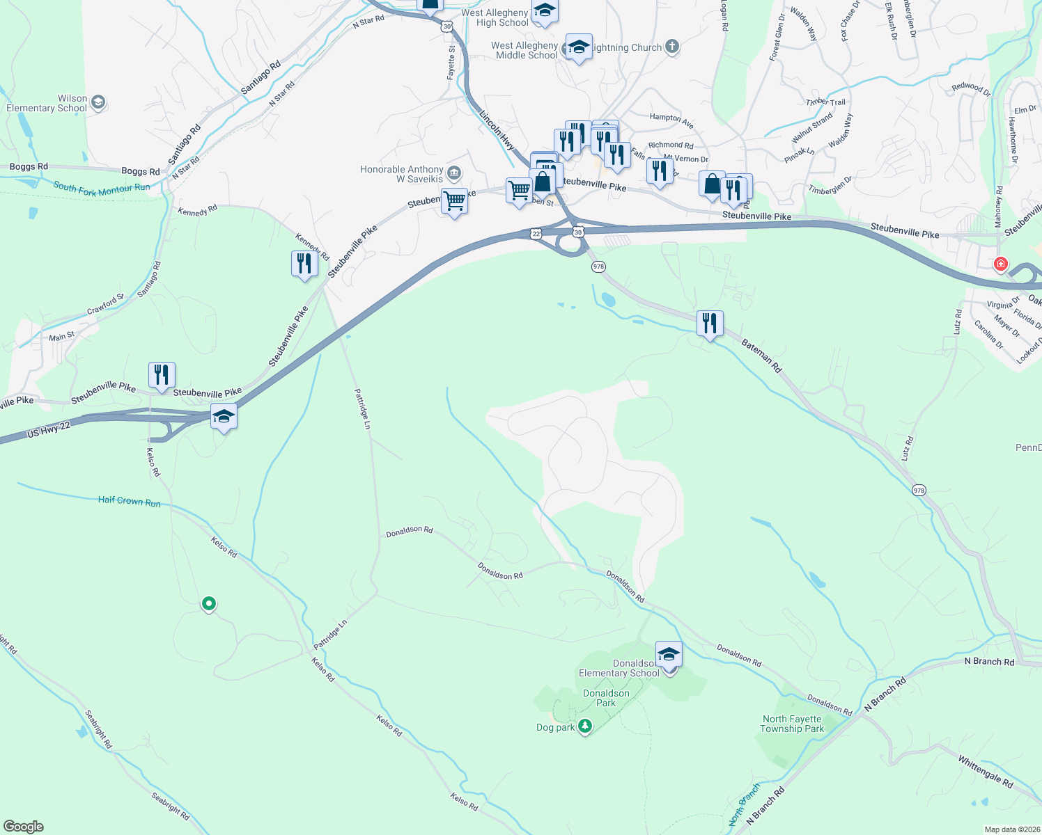 map of restaurants, bars, coffee shops, grocery stores, and more near 151 Horseshoe Drive in Oakdale
