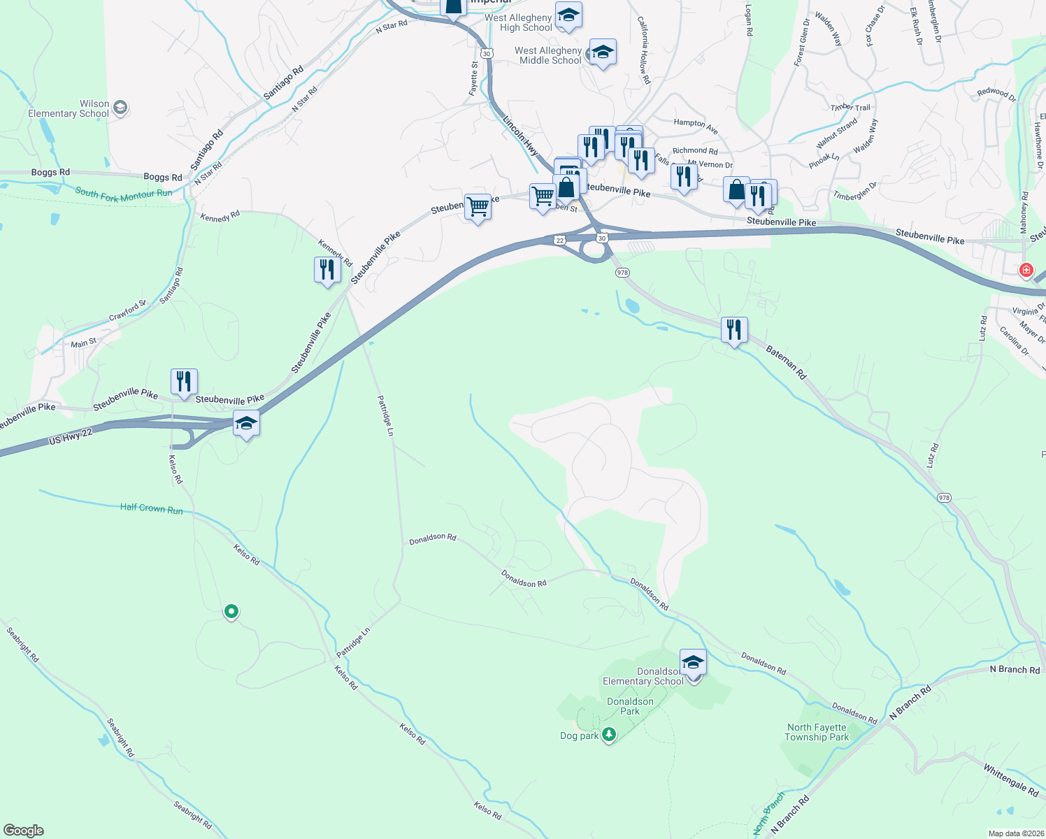map of restaurants, bars, coffee shops, grocery stores, and more near 104 Calumet Court in Oakdale