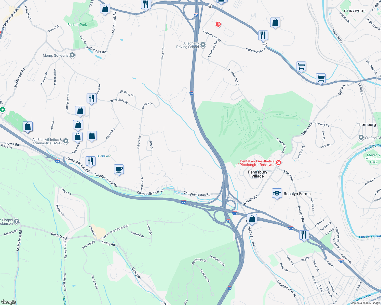 map of restaurants, bars, coffee shops, grocery stores, and more near 3059 McMillan Road in Pittsburgh