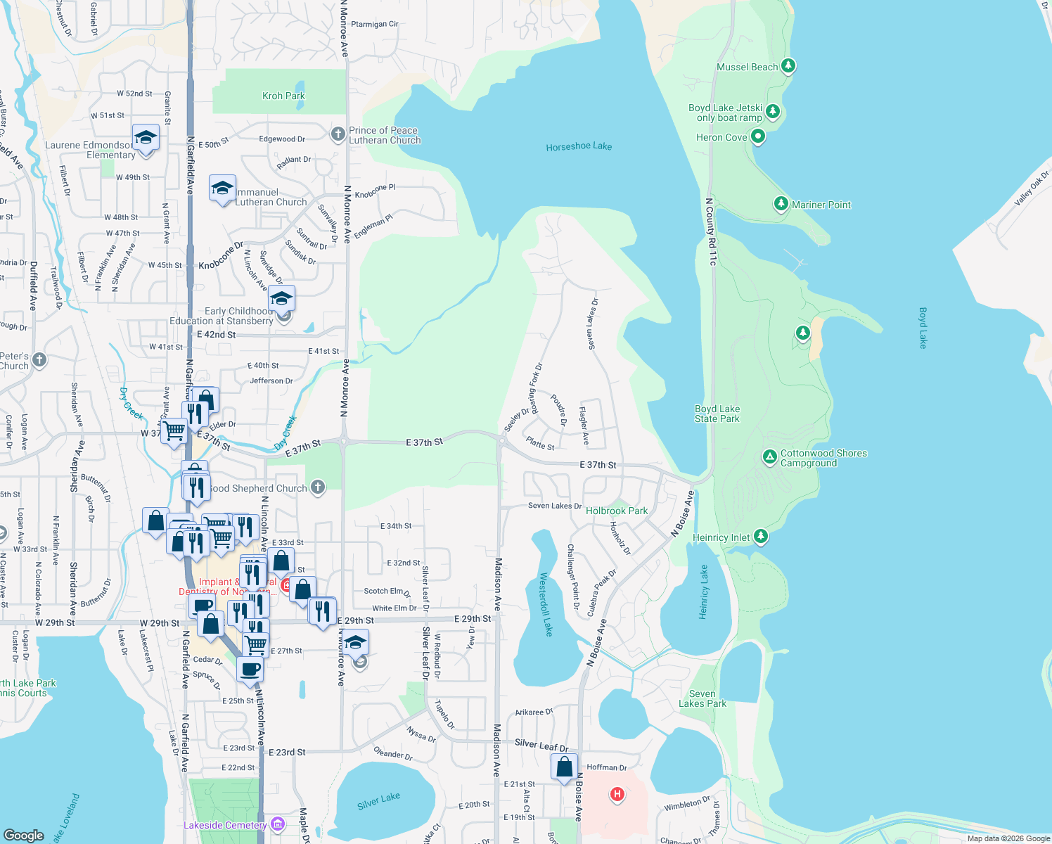 map of restaurants, bars, coffee shops, grocery stores, and more near 3763 Osier Place in Loveland