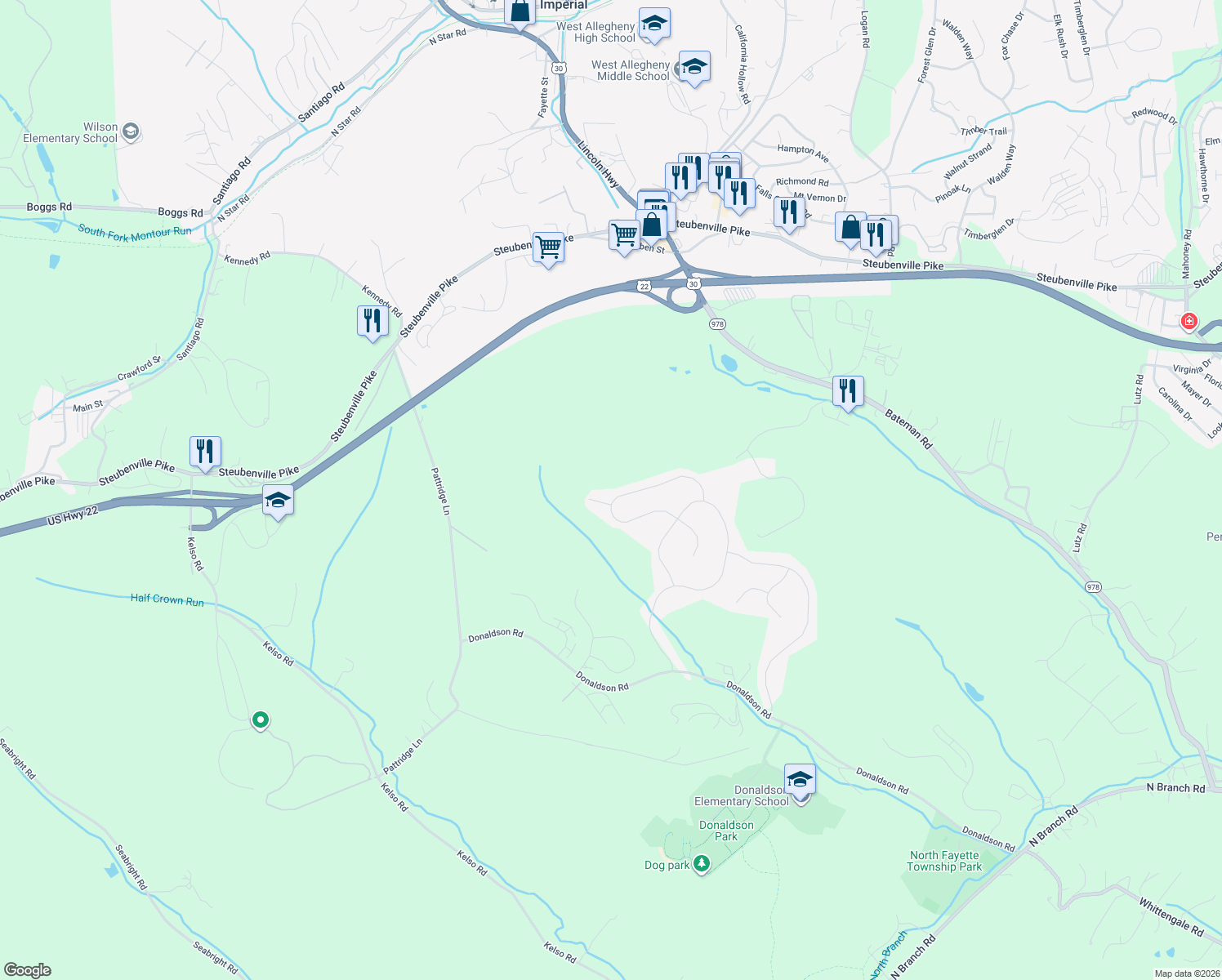 map of restaurants, bars, coffee shops, grocery stores, and more near 104 Calumet Court in Oakdale