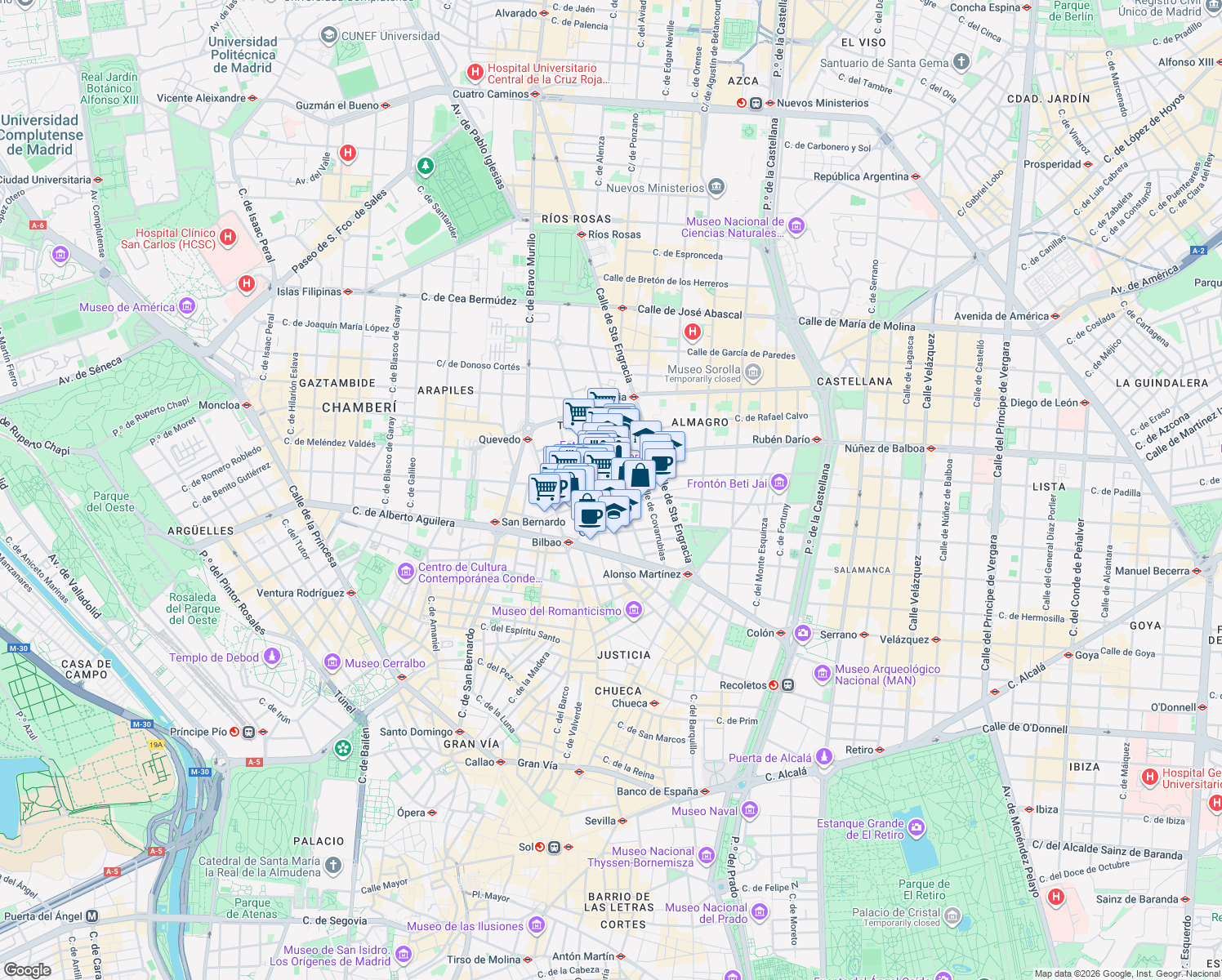 map of restaurants, bars, coffee shops, grocery stores, and more near 23 Calle de Luchana in Madrid