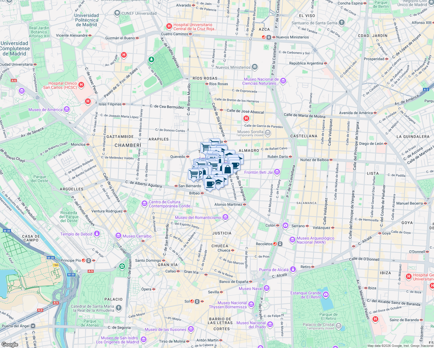 map of restaurants, bars, coffee shops, grocery stores, and more near 23 Calle de Luchana in Madrid