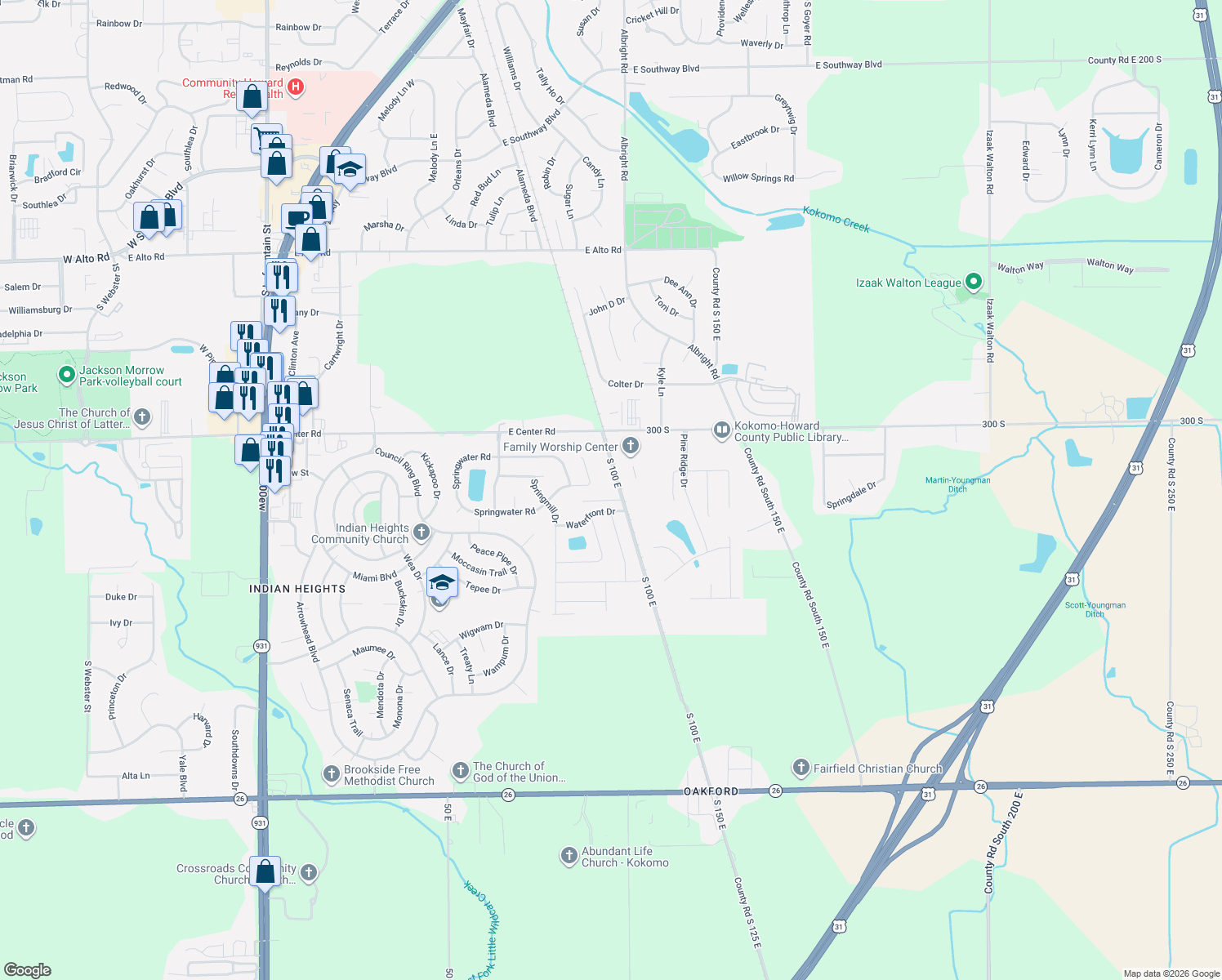 map of restaurants, bars, coffee shops, grocery stores, and more near 3163 S 100 E in Kokomo