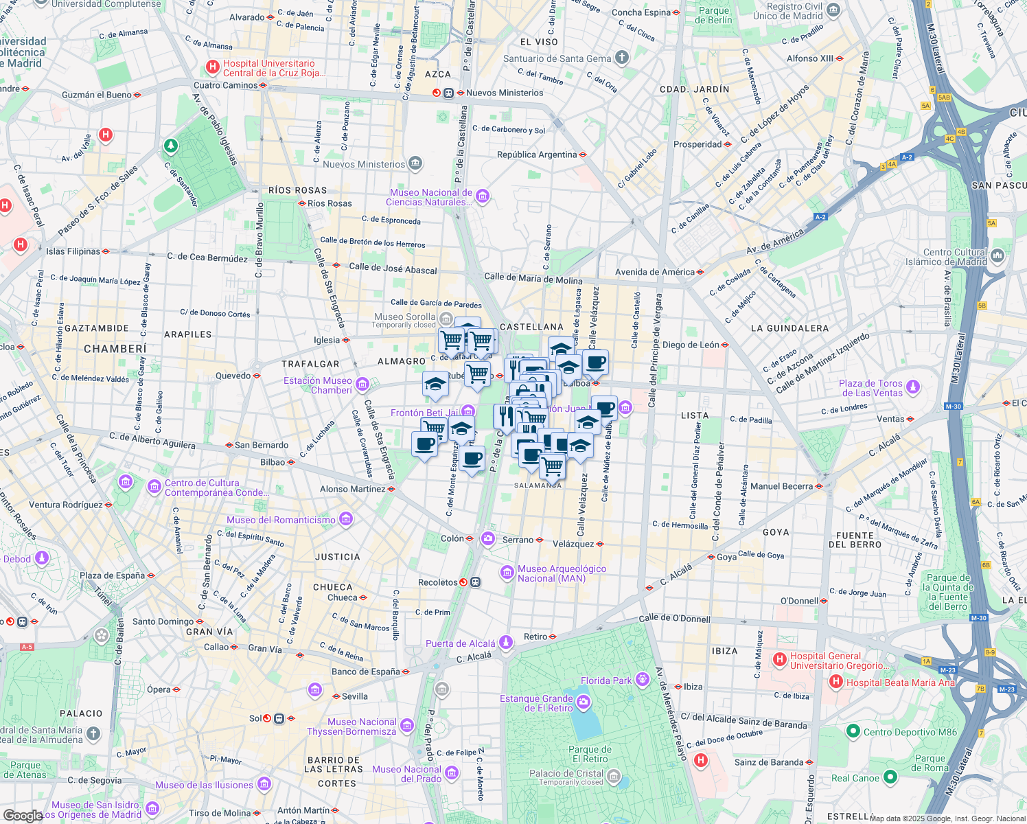 map of restaurants, bars, coffee shops, grocery stores, and more near 28 Paseo de la Castellana in Madrid