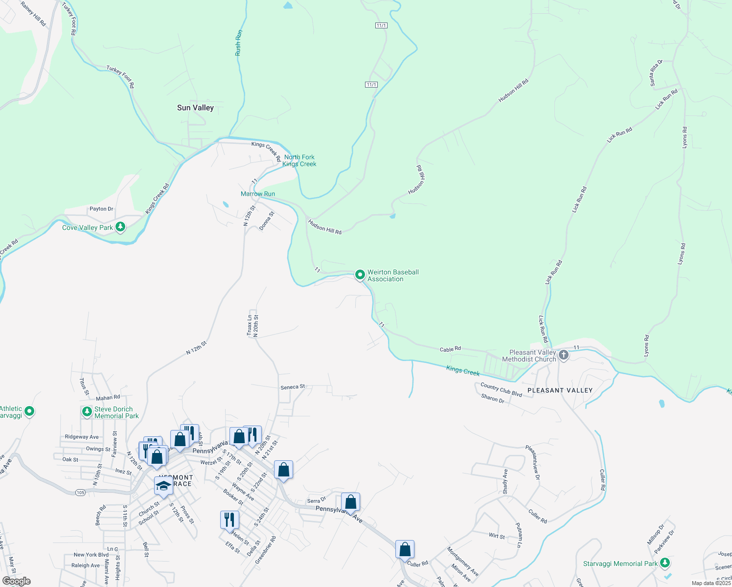 map of restaurants, bars, coffee shops, grocery stores, and more near 3660 Kings Creek Road in Weirton