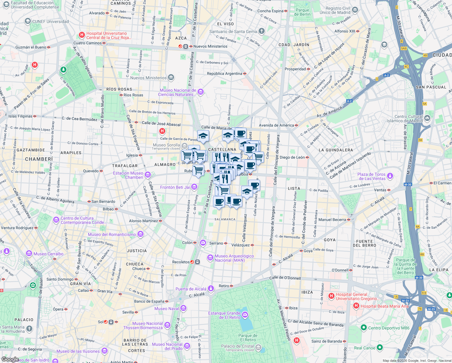 map of restaurants, bars, coffee shops, grocery stores, and more near 88 Calle de Serrano in Madrid