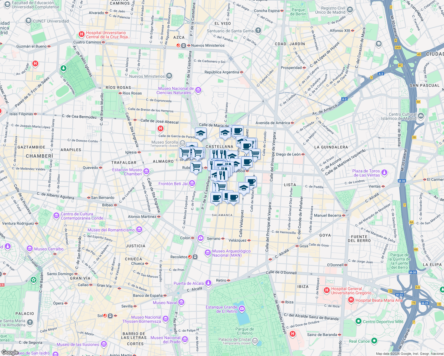 map of restaurants, bars, coffee shops, grocery stores, and more near 88 Calle de Serrano in Madrid
