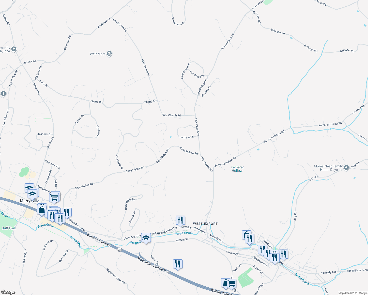 map of restaurants, bars, coffee shops, grocery stores, and more near 5570 Cline Hollow Road in Murrysville