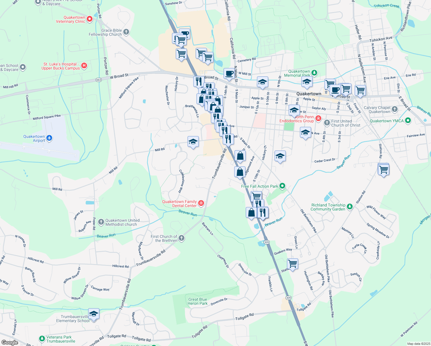 map of restaurants, bars, coffee shops, grocery stores, and more near 86 Trumbauersville Road in Quakertown