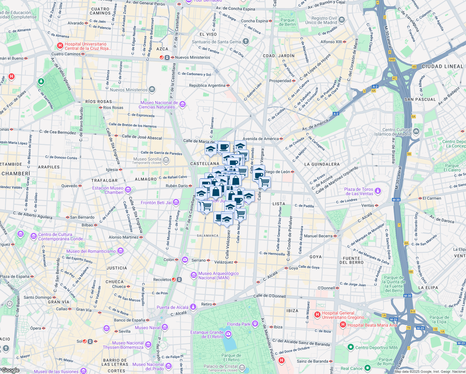 map of restaurants, bars, coffee shops, grocery stores, and more near 94 Calle de Velázquez in Madrid