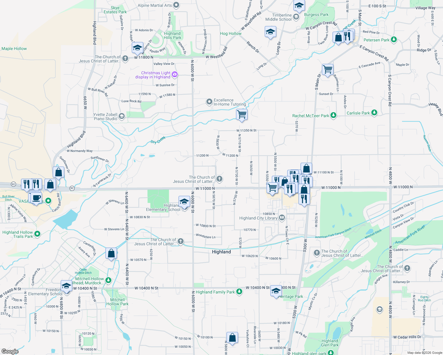 map of restaurants, bars, coffee shops, grocery stores, and more near 5843 Avonmore Circle in Highland