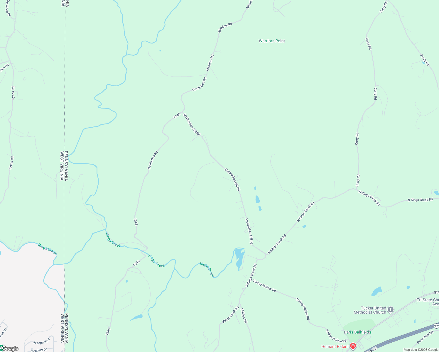 map of restaurants, bars, coffee shops, grocery stores, and more near 155 McCracken Hill Road in Burgettstown