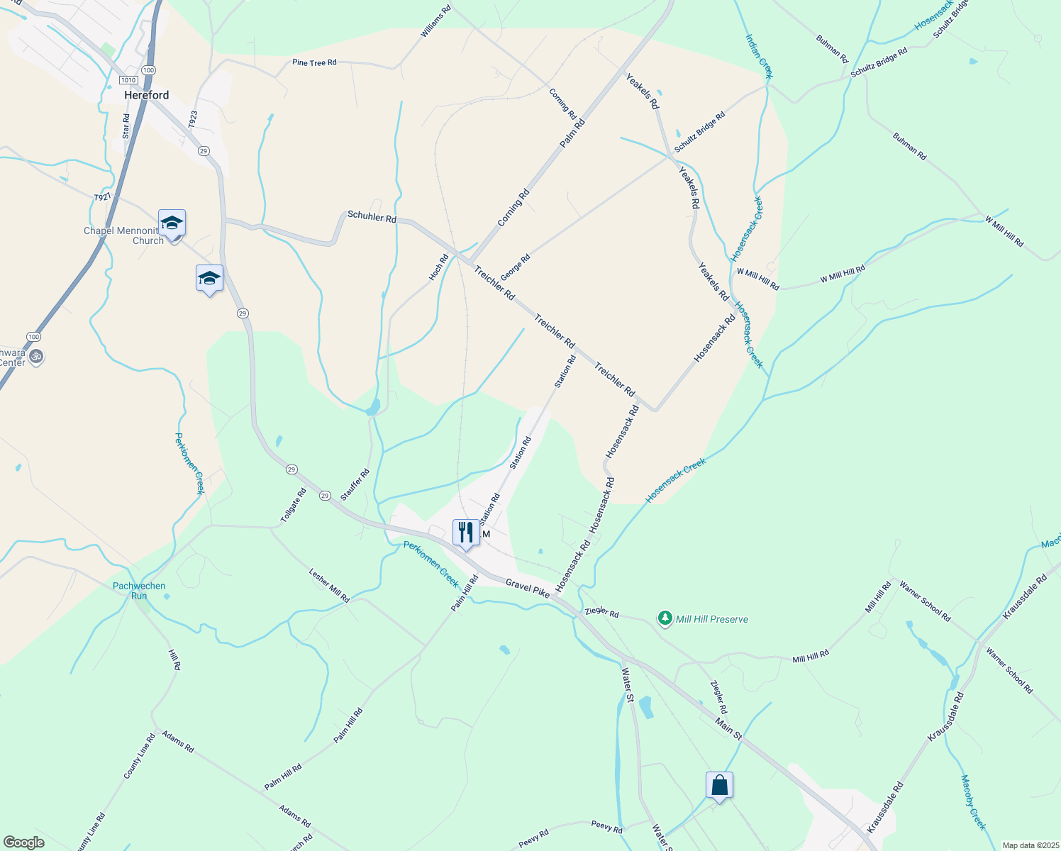 map of restaurants, bars, coffee shops, grocery stores, and more near 1195 Station Road in Montgomery County