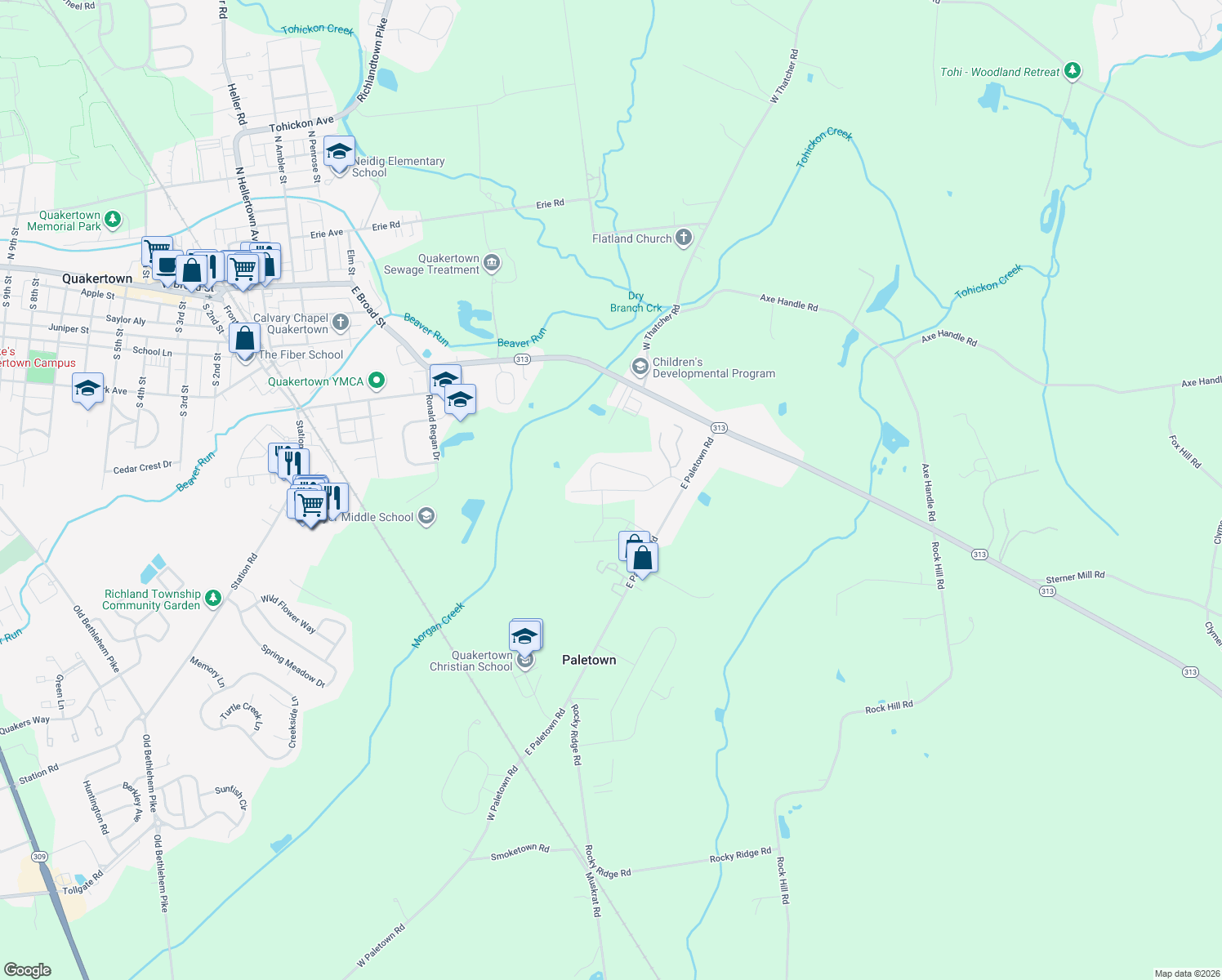 map of restaurants, bars, coffee shops, grocery stores, and more near 1058 Glen Manor Drive in Quakertown