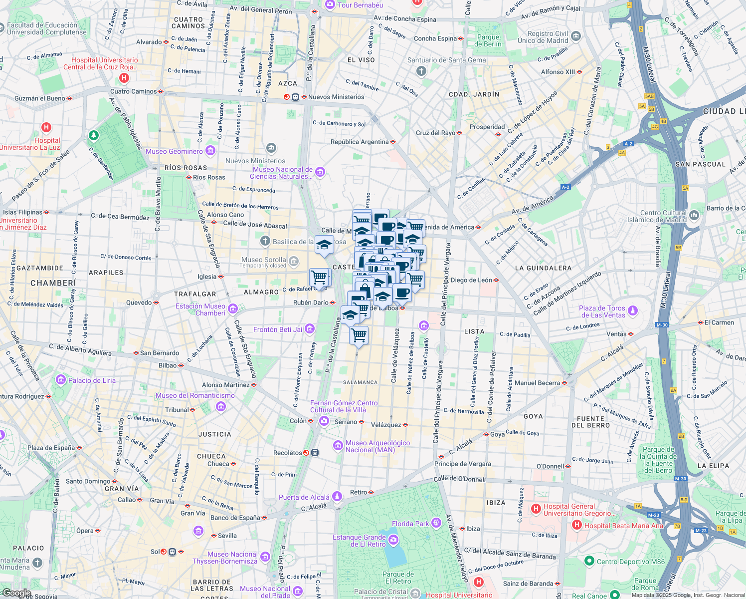 map of restaurants, bars, coffee shops, grocery stores, and more near 123 Calle de Claudio Coello in Madrid