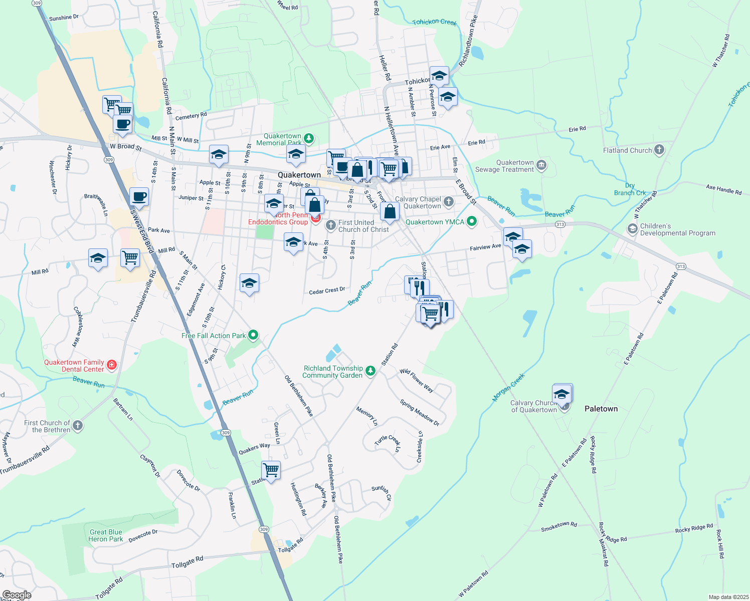 map of restaurants, bars, coffee shops, grocery stores, and more near 729 Waterway Court in Quakertown