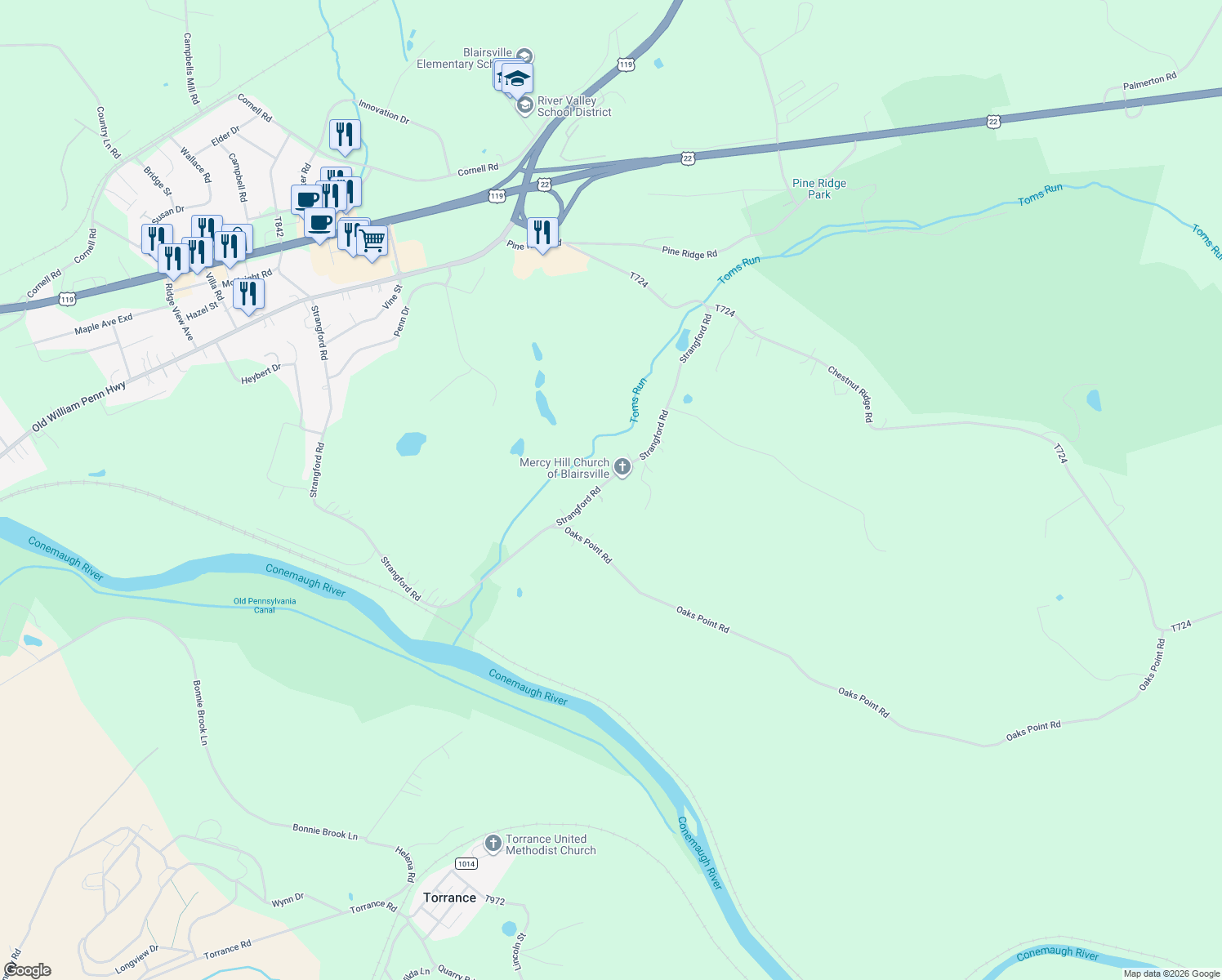 map of restaurants, bars, coffee shops, grocery stores, and more near 1666 Strangford Road in Blairsville