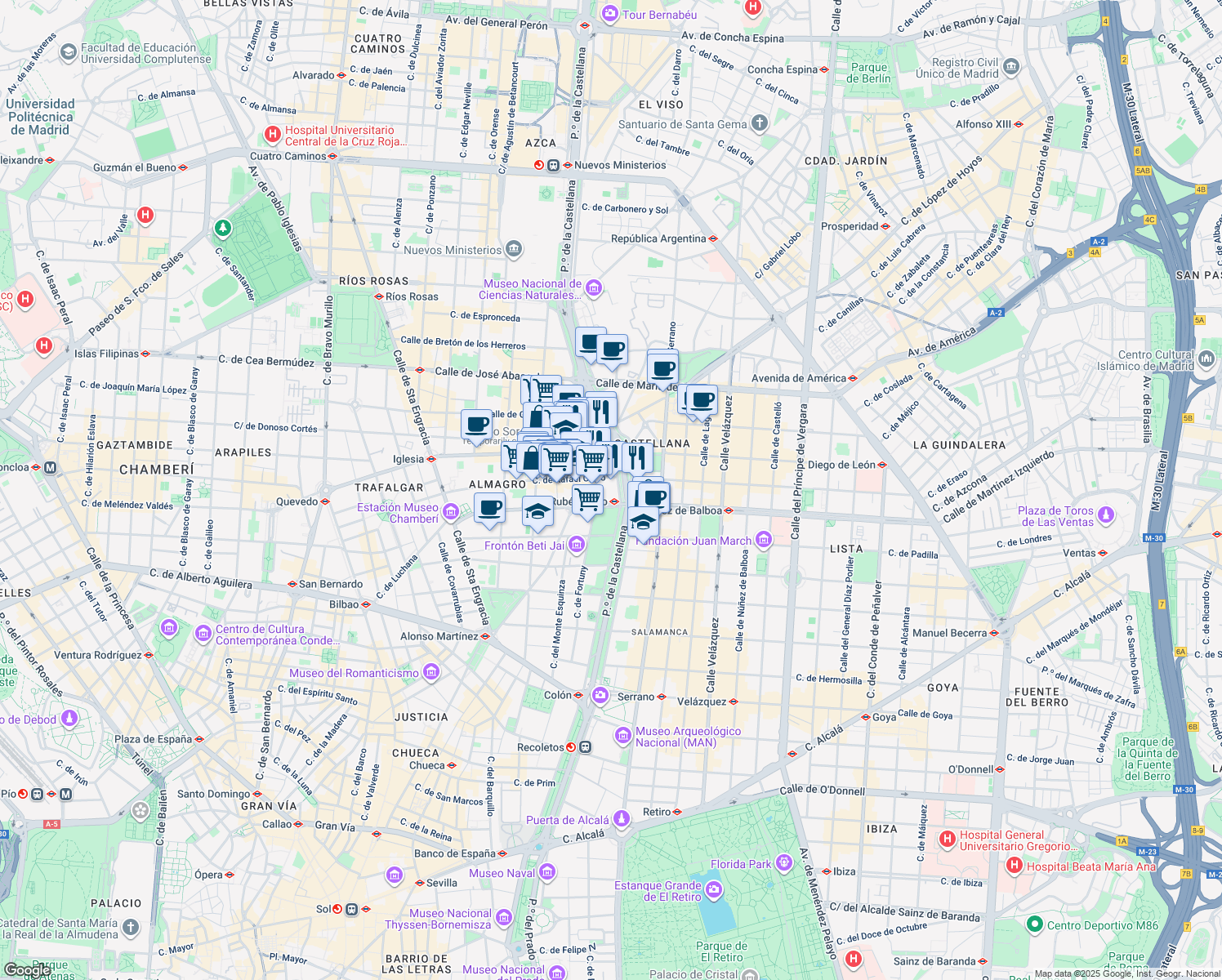 map of restaurants, bars, coffee shops, grocery stores, and more near 35 Paseo de la Castellana in Madrid