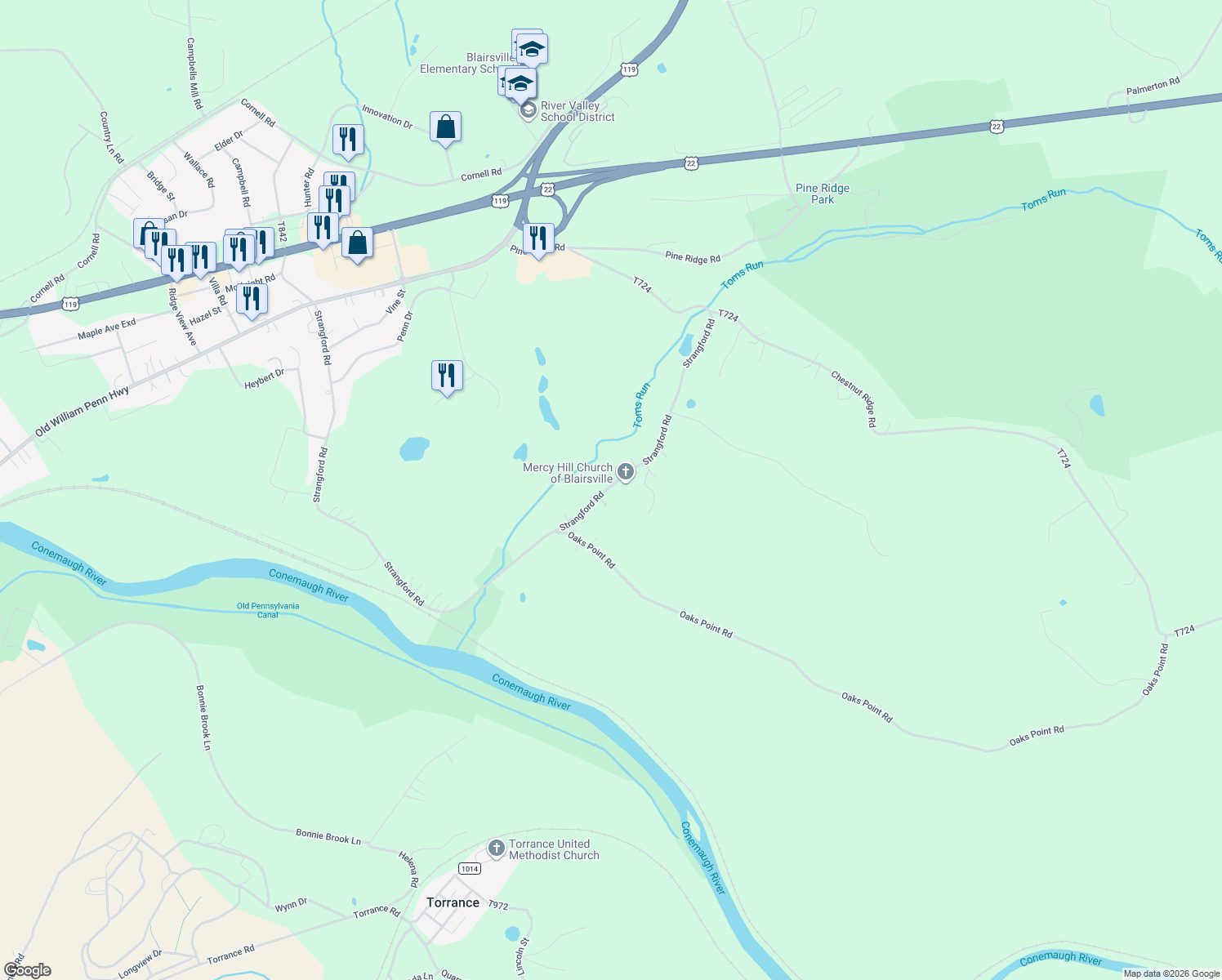 map of restaurants, bars, coffee shops, grocery stores, and more near 1666 Strangford Road in Blairsville