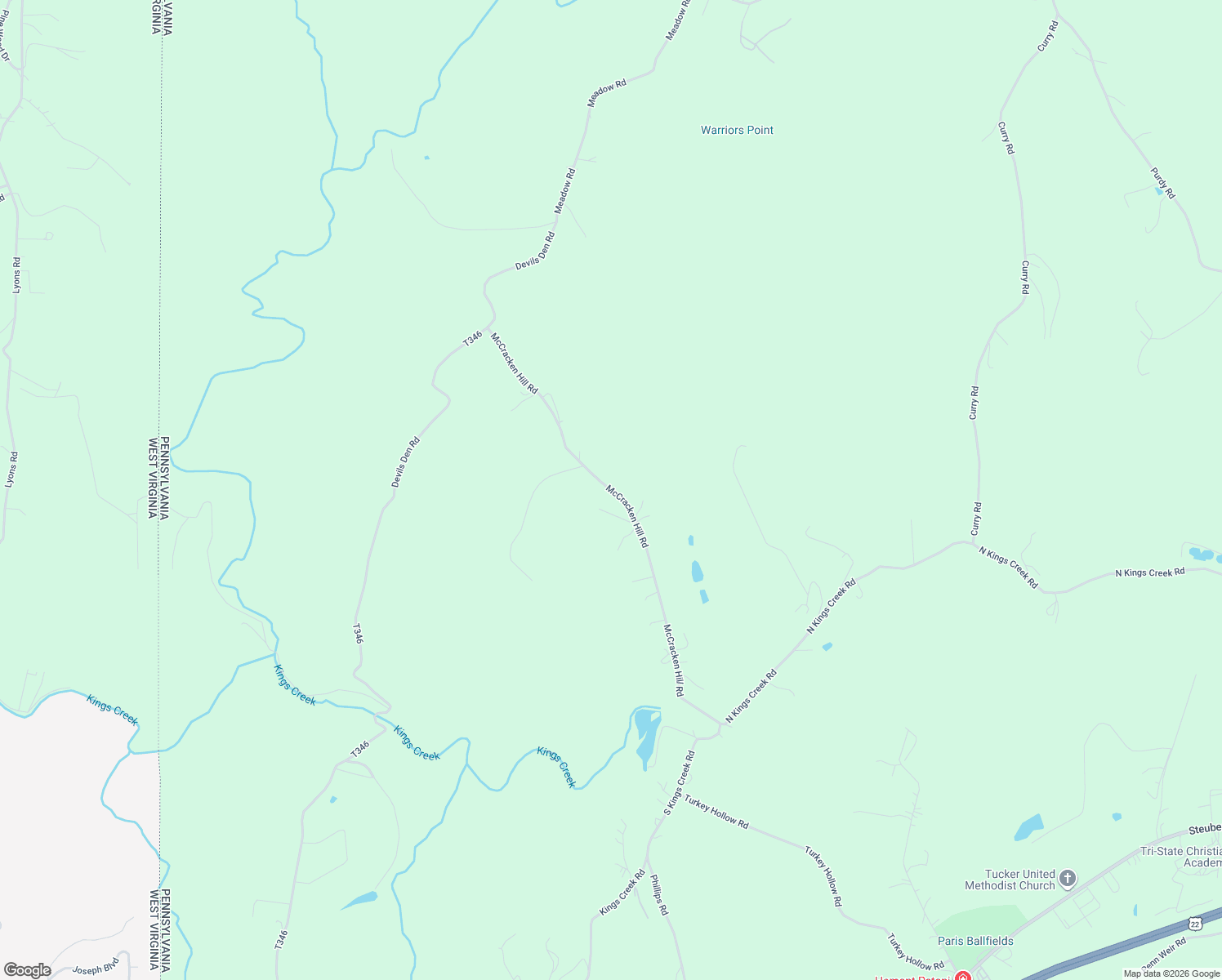 map of restaurants, bars, coffee shops, grocery stores, and more near 155 McCracken Hill Road in Burgettstown