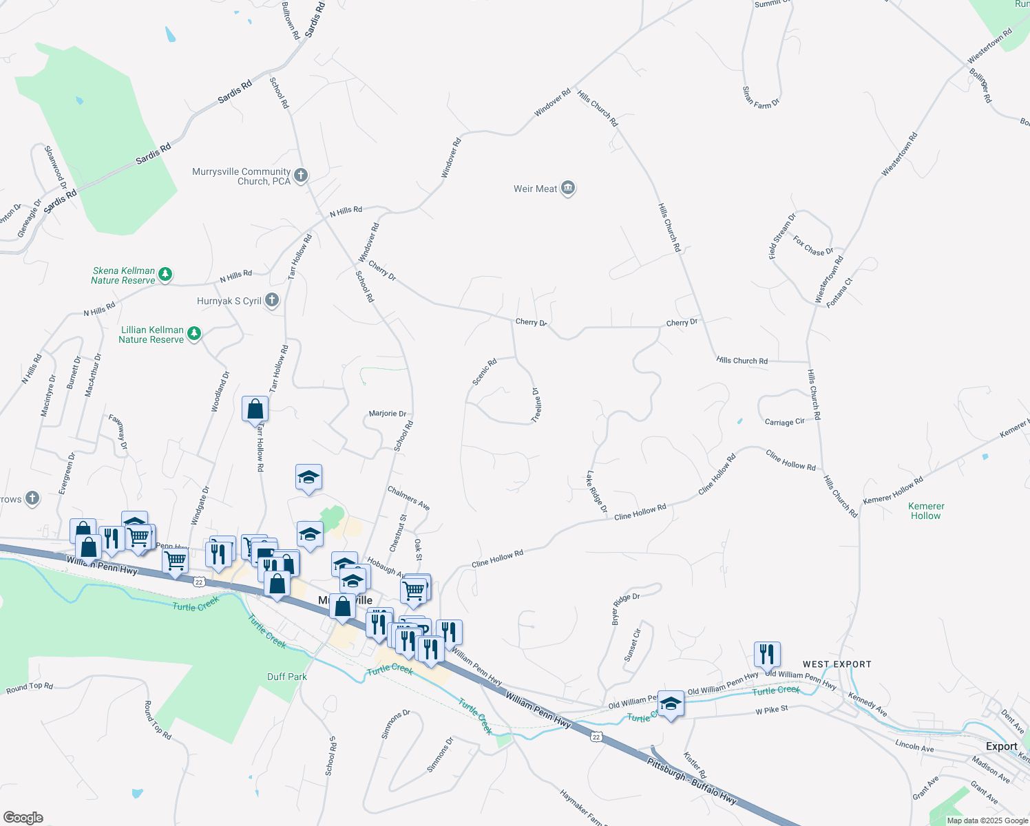 map of restaurants, bars, coffee shops, grocery stores, and more near 3112 Treeline Dr in Murrysville