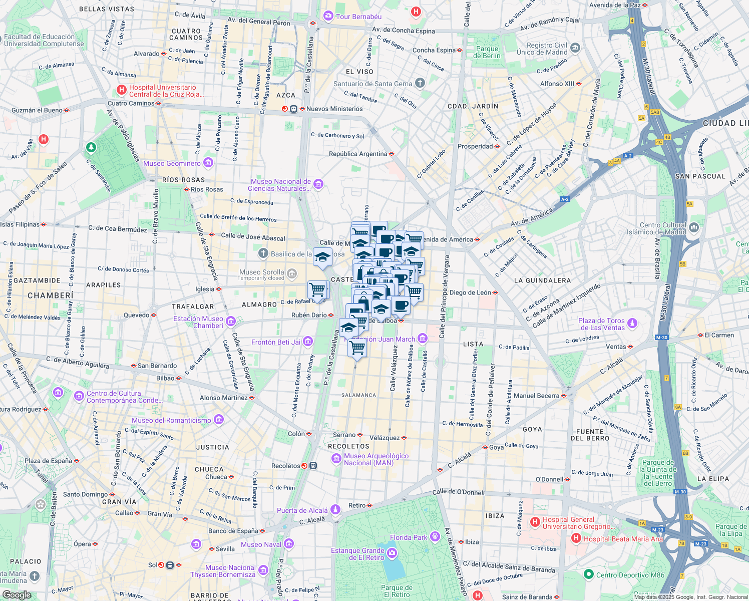 map of restaurants, bars, coffee shops, grocery stores, and more near 102 Calle de Claudio Coello in Madrid